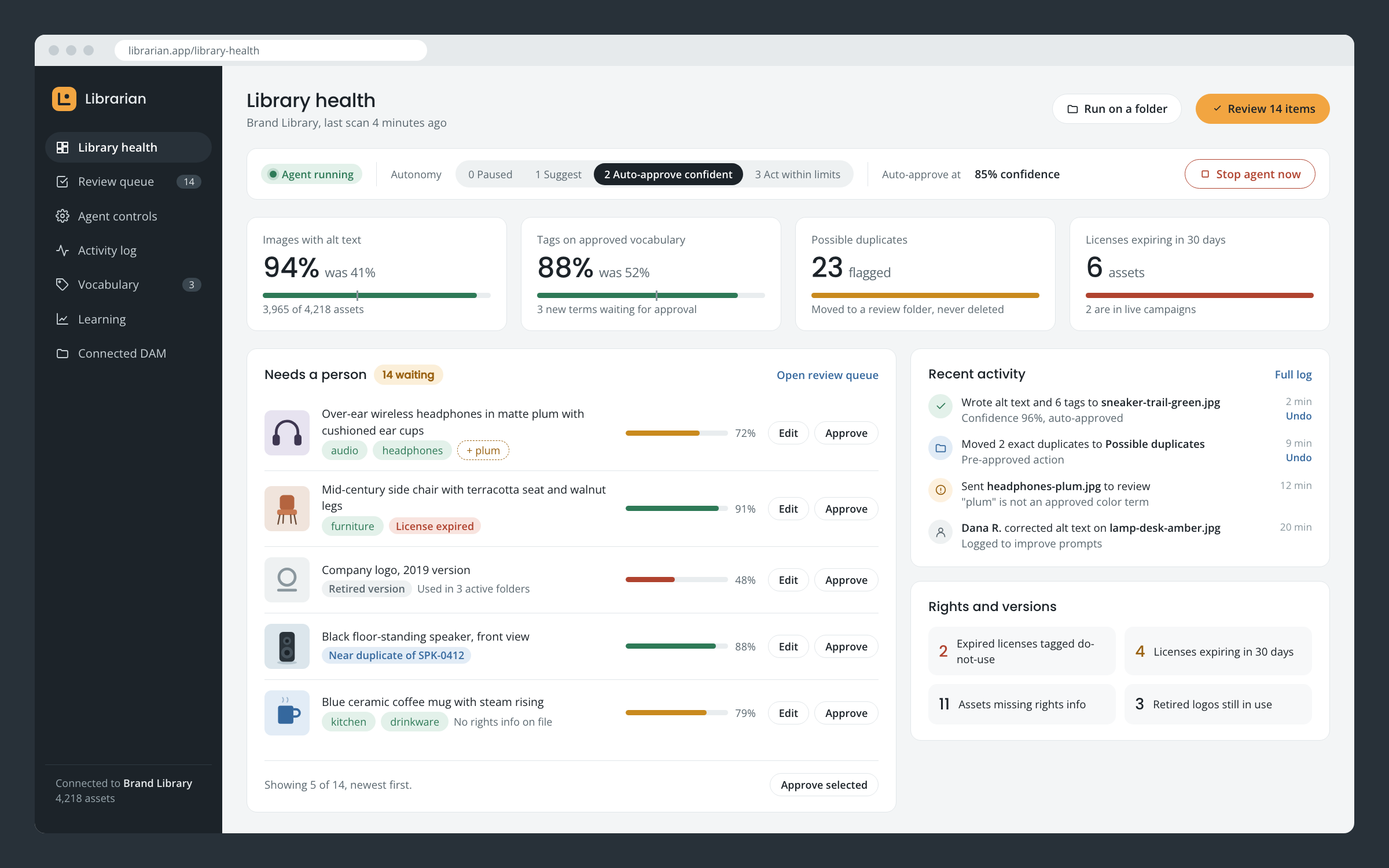 AI DAM Librarian dashboard mockup: library health scores, the agent's status and autonomy level, a review queue of images waiting for a person, and recent agent activity