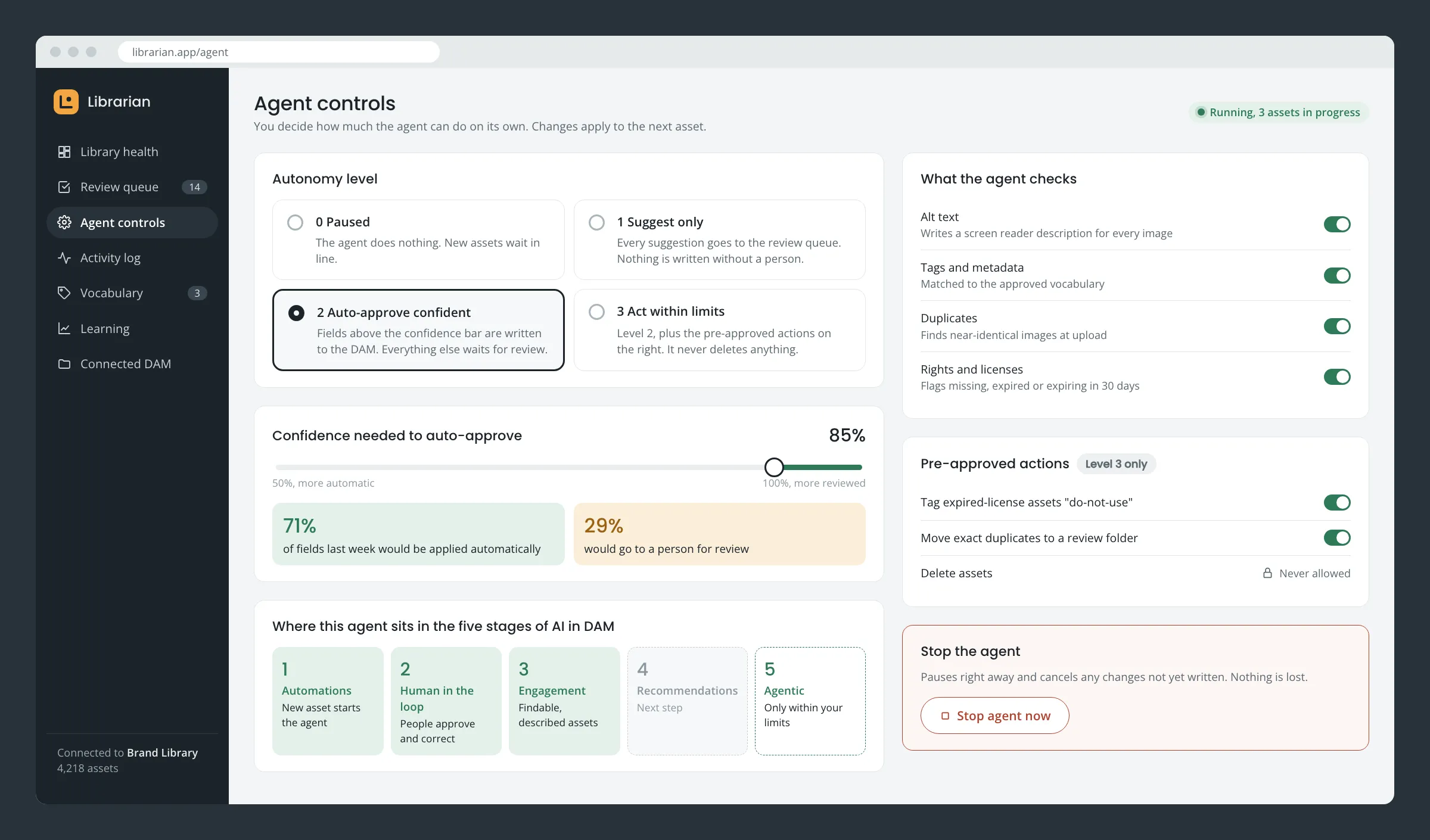 Agent controls mockup: four autonomy levels from paused to act within limits, a confidence threshold slider, a toggle for each check, pre-approved actions, and a stop button