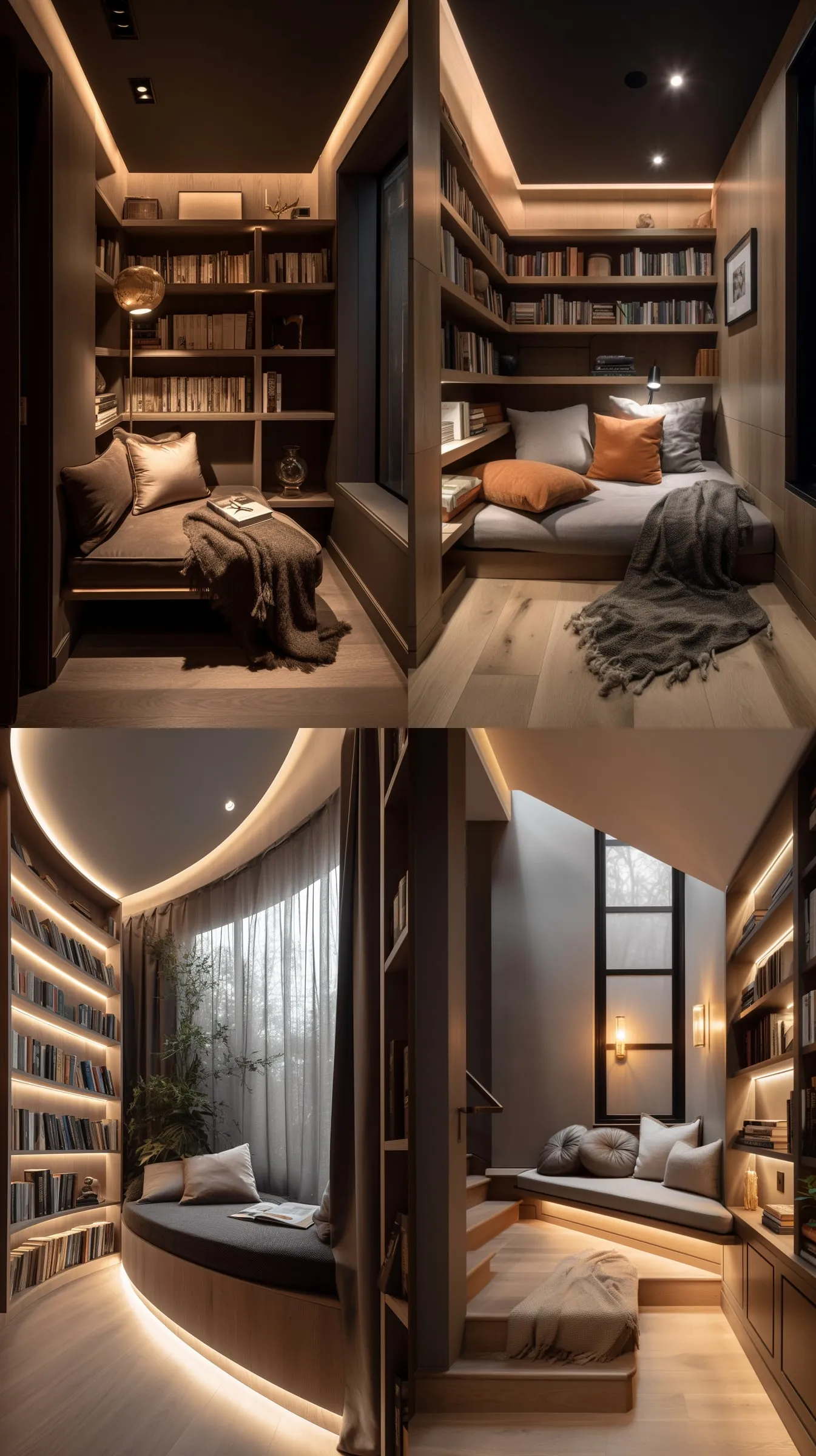 AI mockups: four views of a modern house entry with outdoor wall lights at dusk