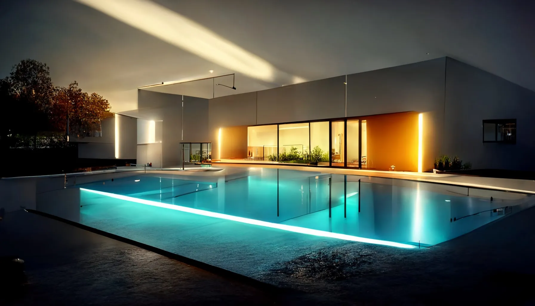 AI mockups: four views of a modern house with glowing pool lights at night