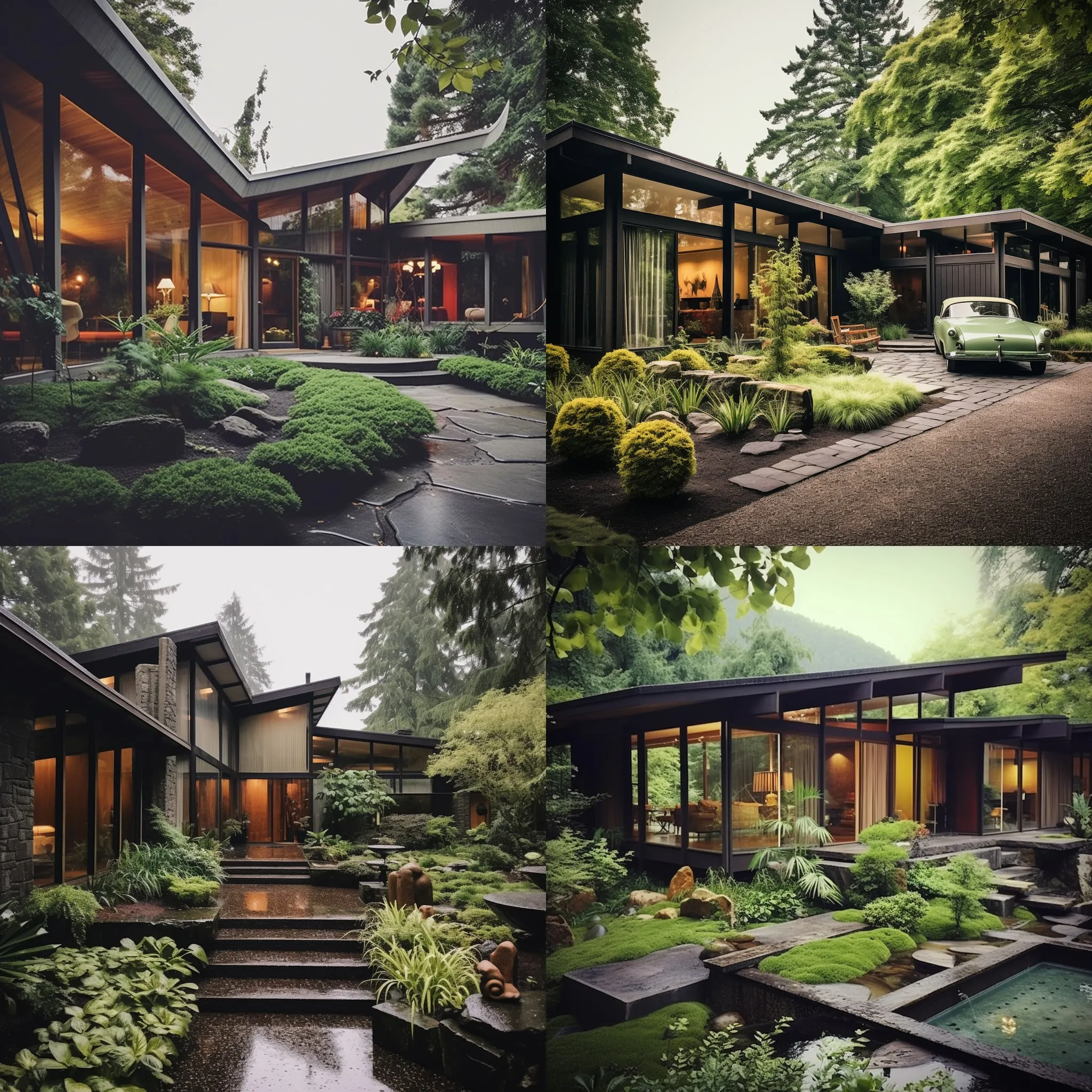 AI mockup: modern house beside a pool with orange accent lighting