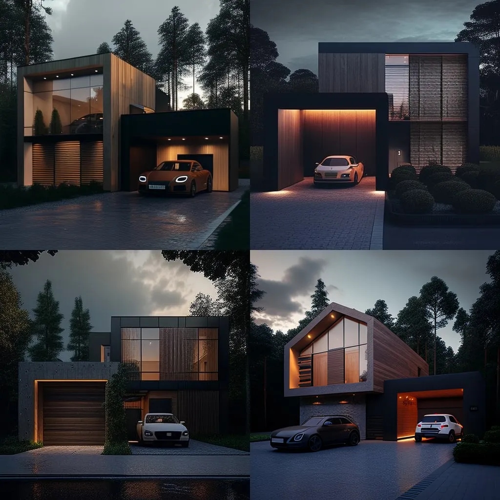 AI mockups: four views of a mid-century house with gothic details and garden lighting