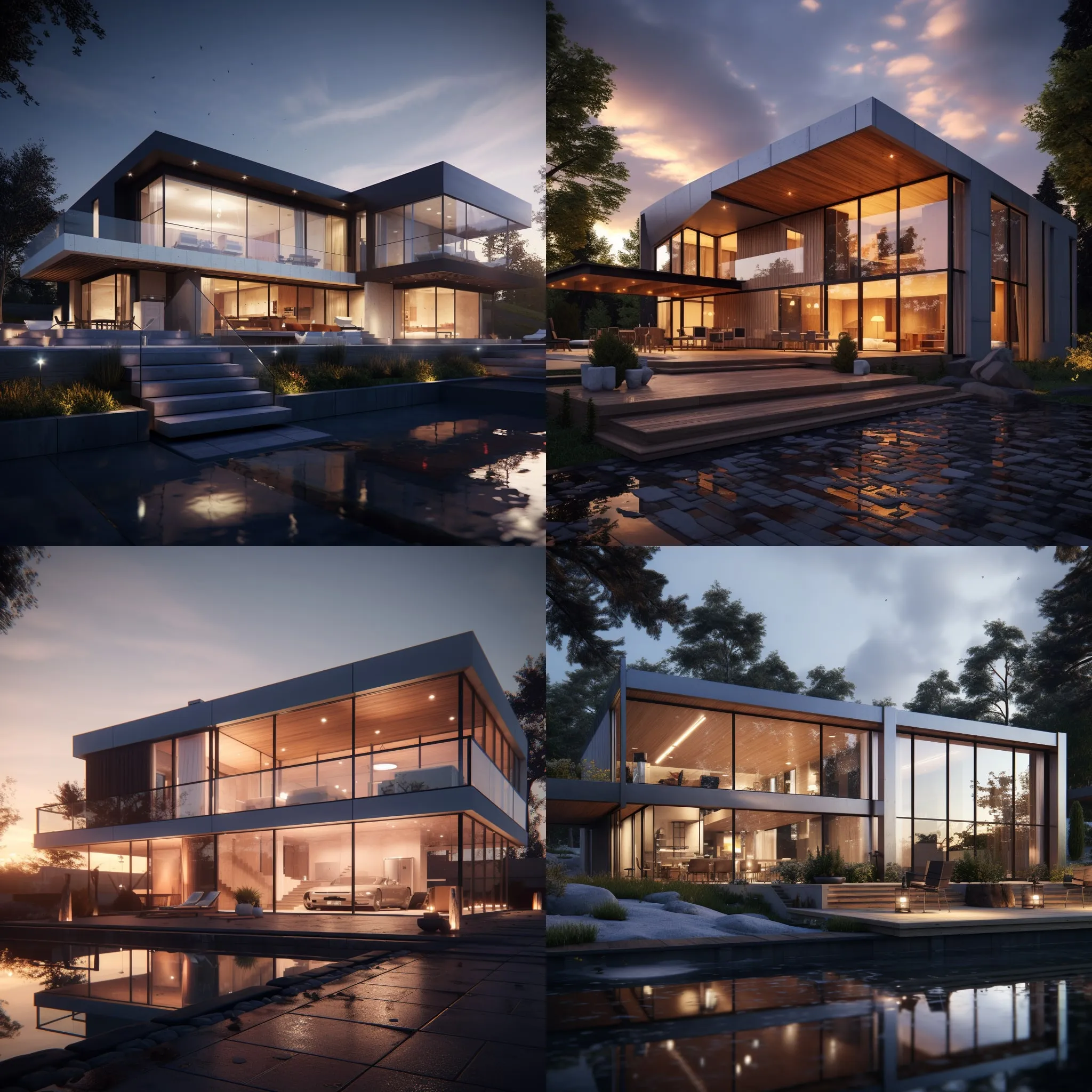 AI mockups: four views of a mid-century house with a lit garden path
