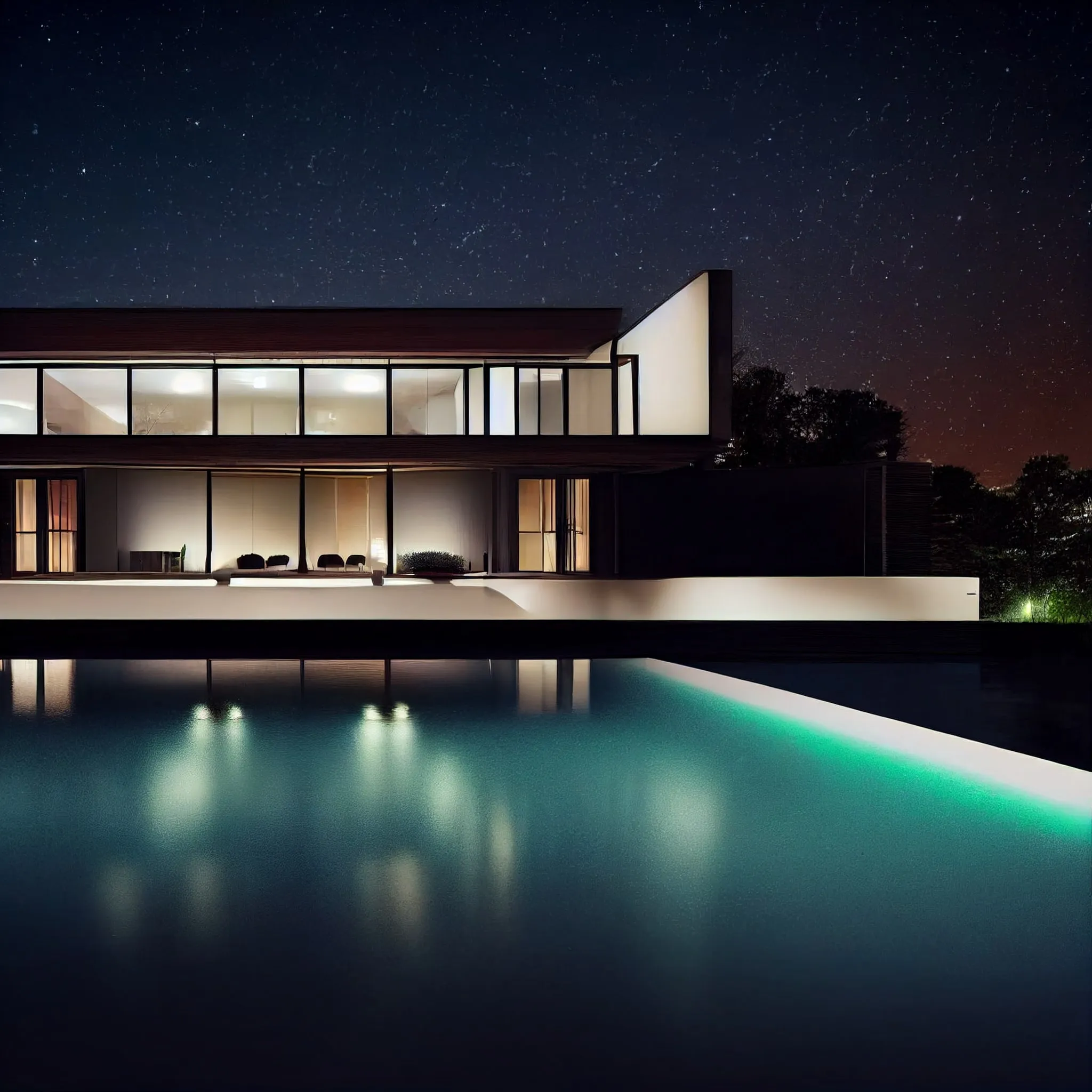 AI mockups: four views of a minimalist house with LED and natural lighting