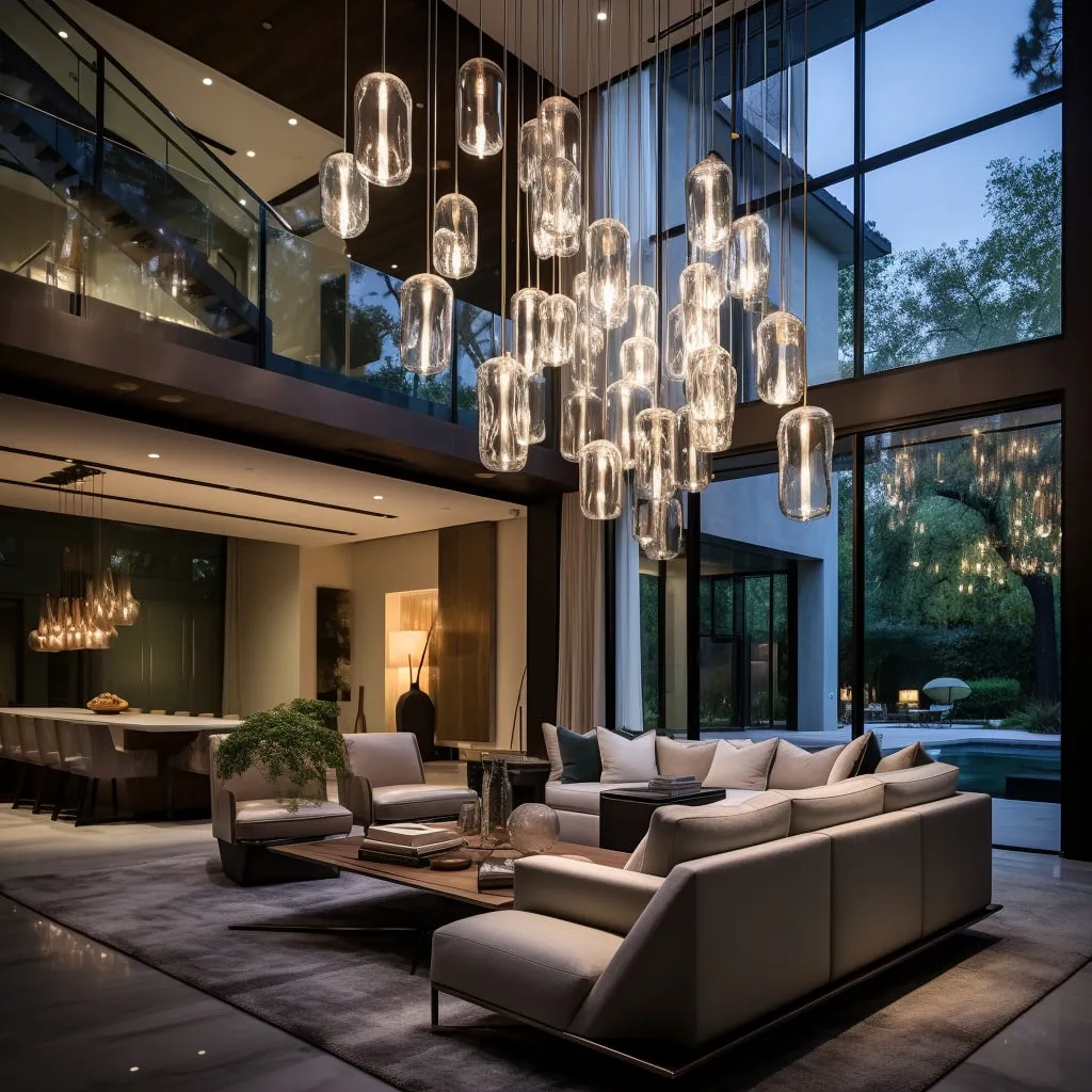 AI mockups: four views of a modern house with uplighting at twilight