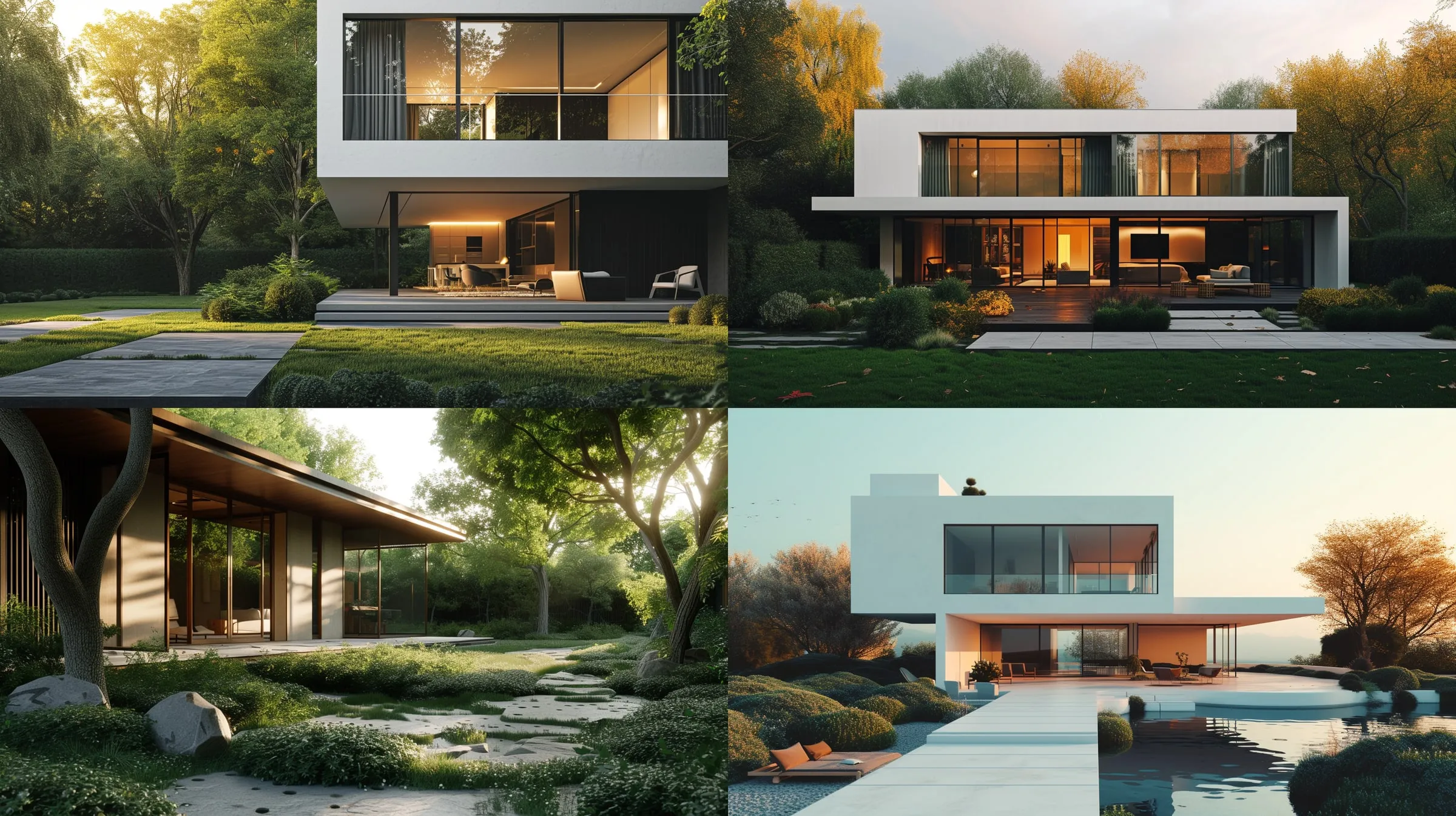 AI mockup: modern house with pool lights glowing at night under stars