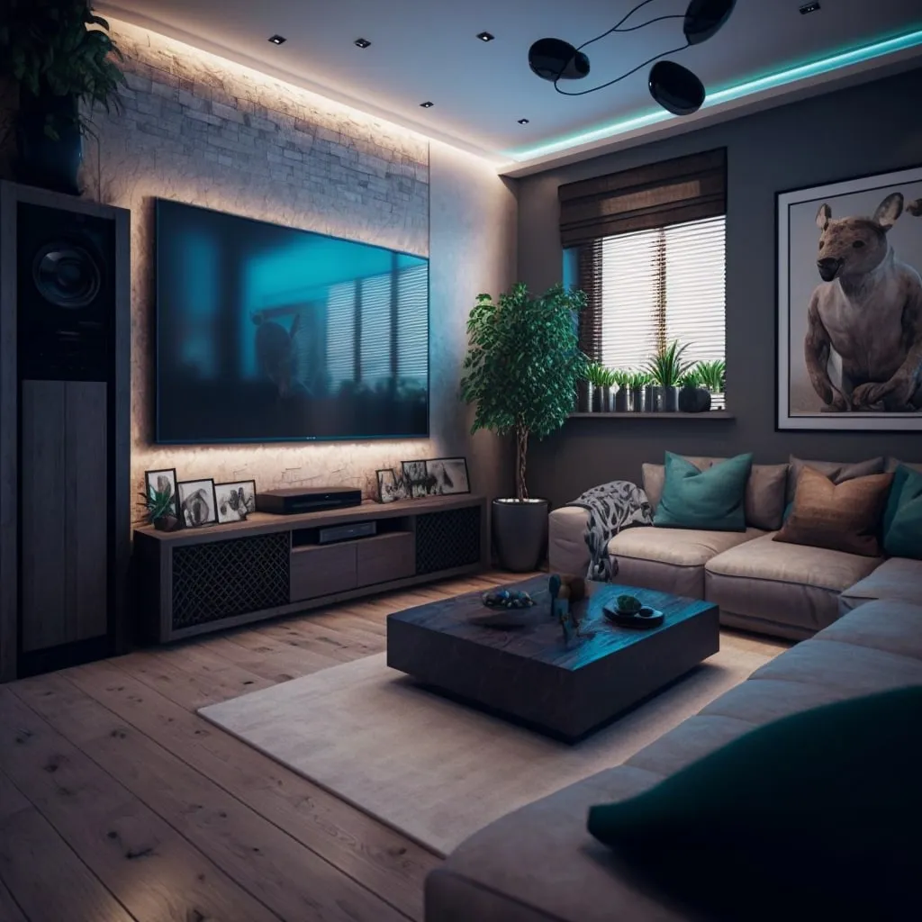 AI mockups: four views of a minimalist house with a garden