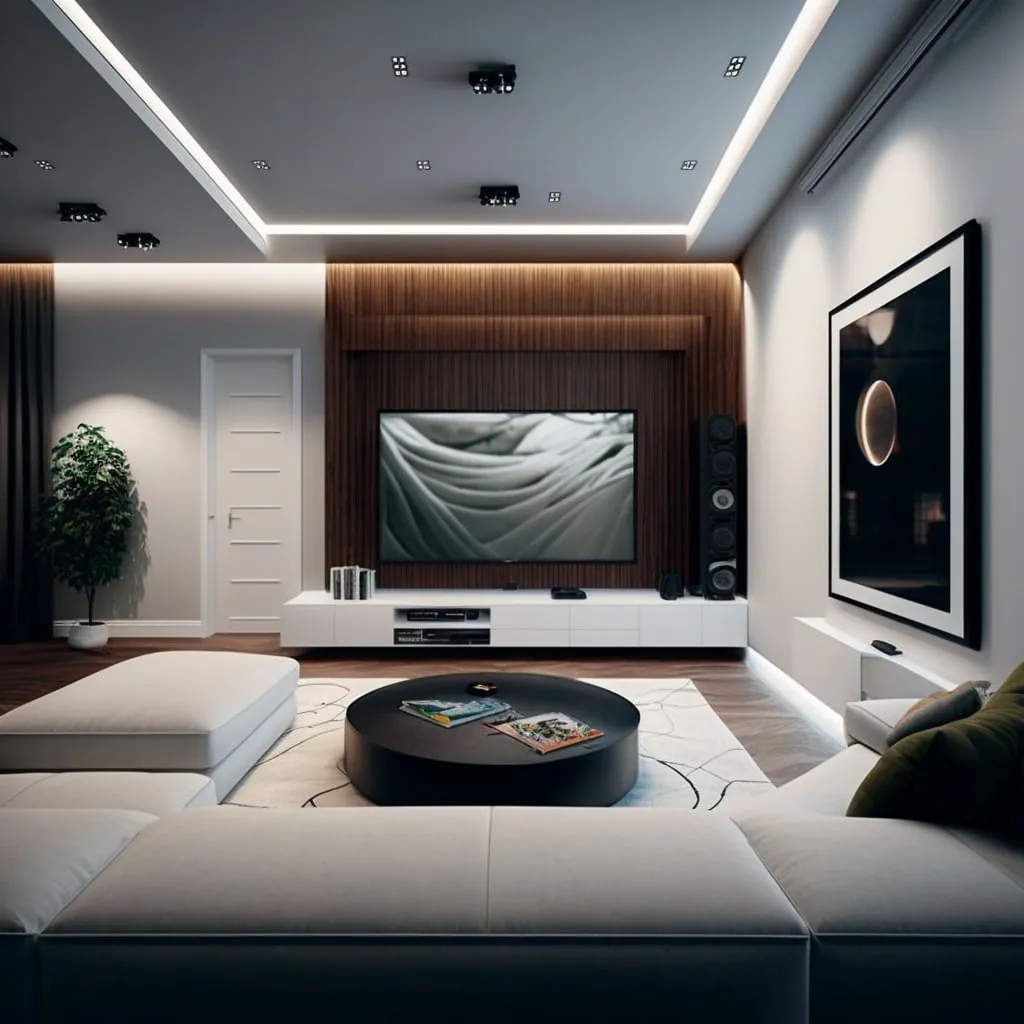 AI mockup: TV room with a lit ceiling cove and sectional sofa