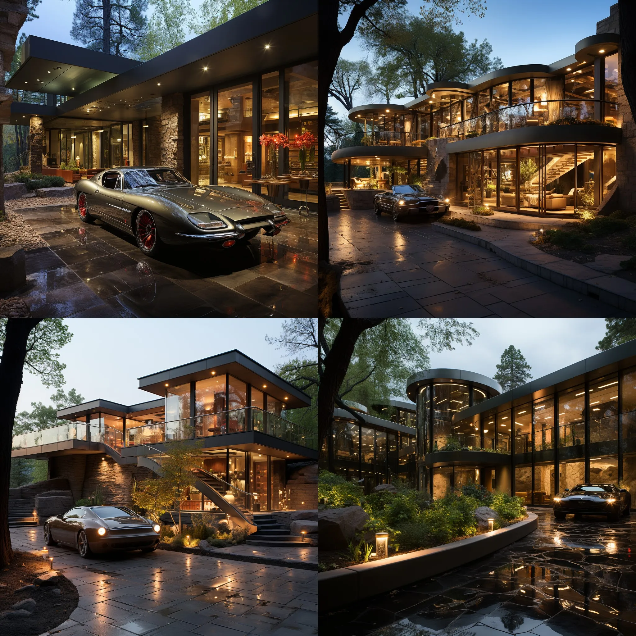 AI mockups: four views of a garage under a modern Colorado-style house