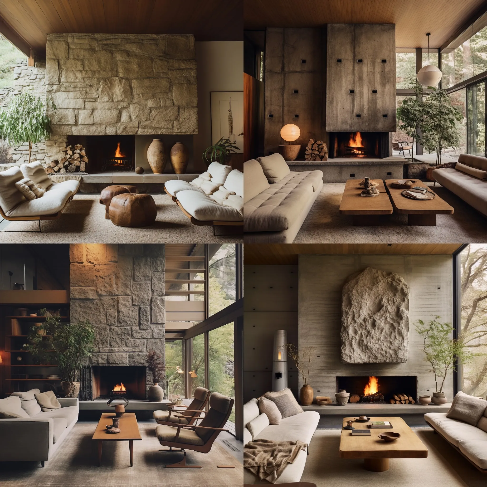 AI mockups: four views of a mid-century mountain living room with a stone fireplace