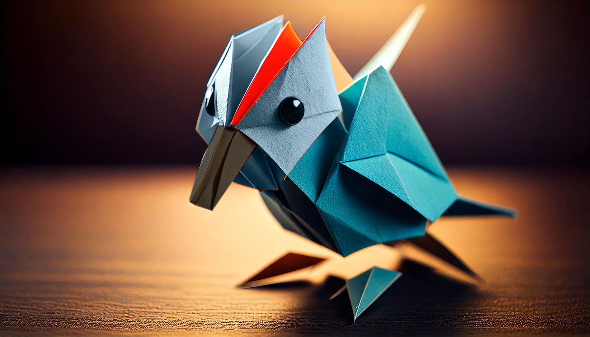 AI-generated origami bird with dramatic side lighting, based on the reference photo