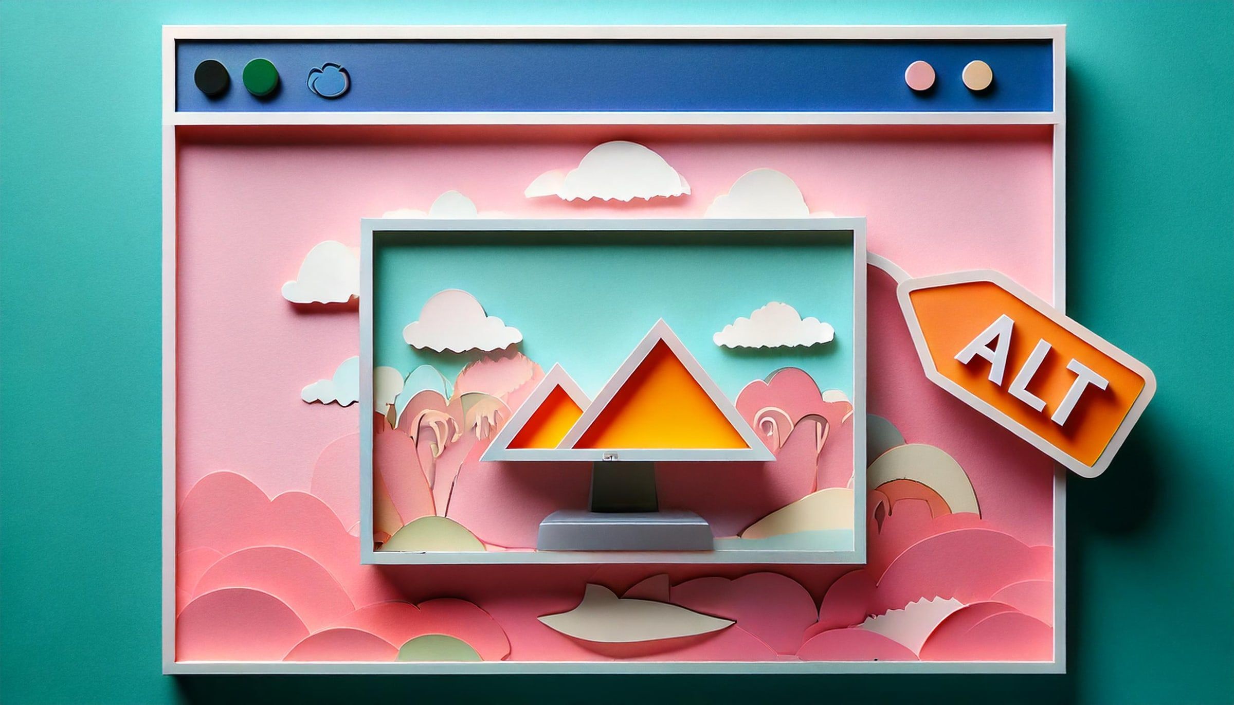 AI-generated paper-cut style computer screen with an "ALT" tag