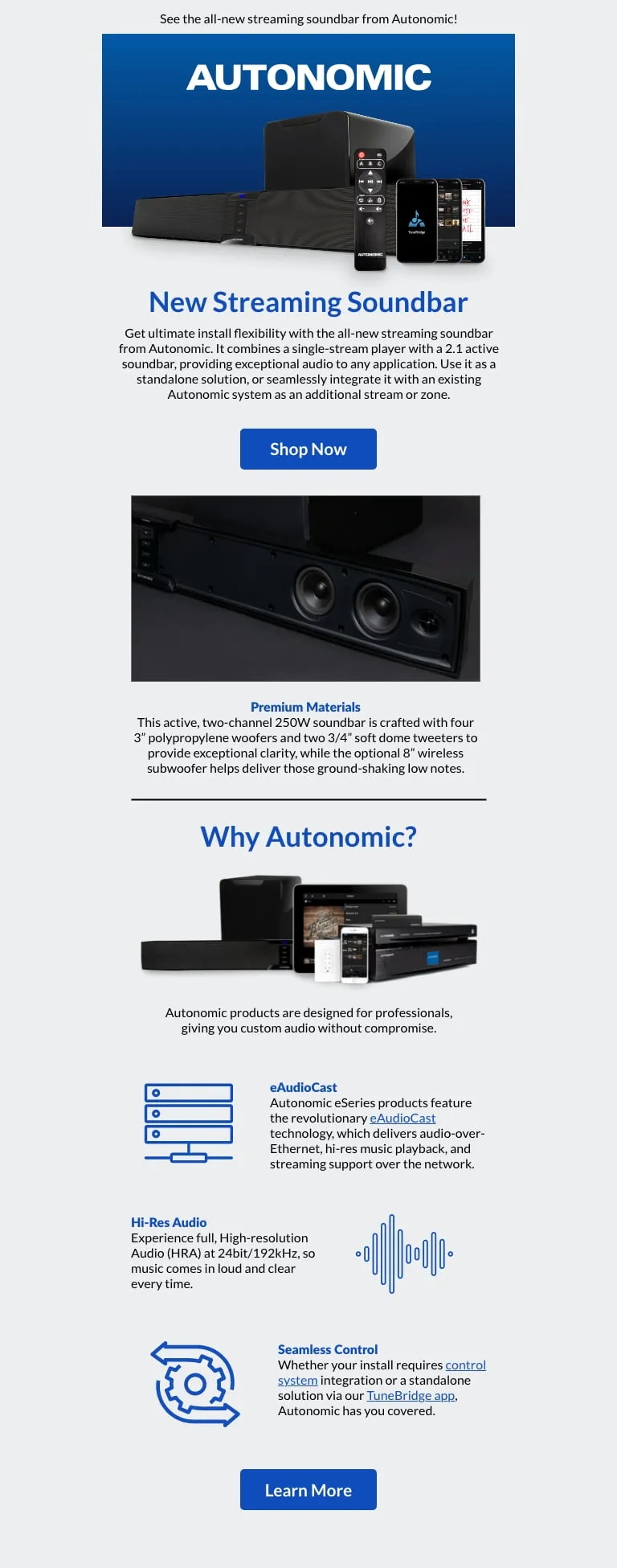 Launch email: "New Streaming Soundbar" with product photo and benefits