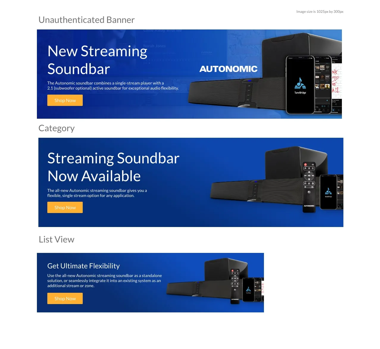 Web banners for the soundbar in three placements: unauthenticated, category, and list view