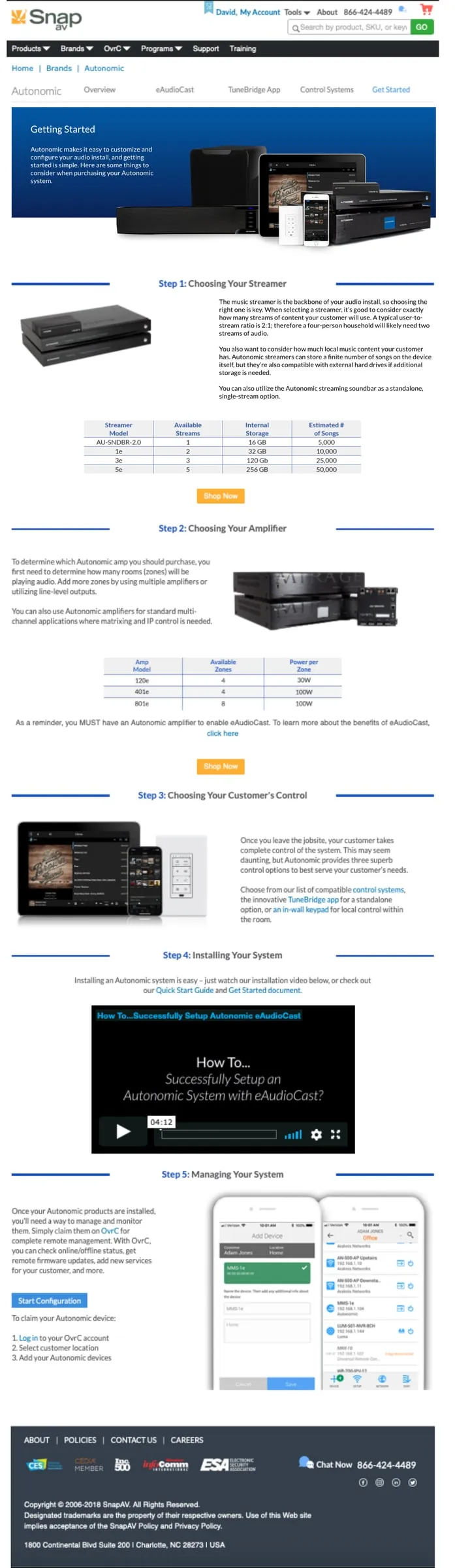 Autonomic brand page screenshot with product details and specifications