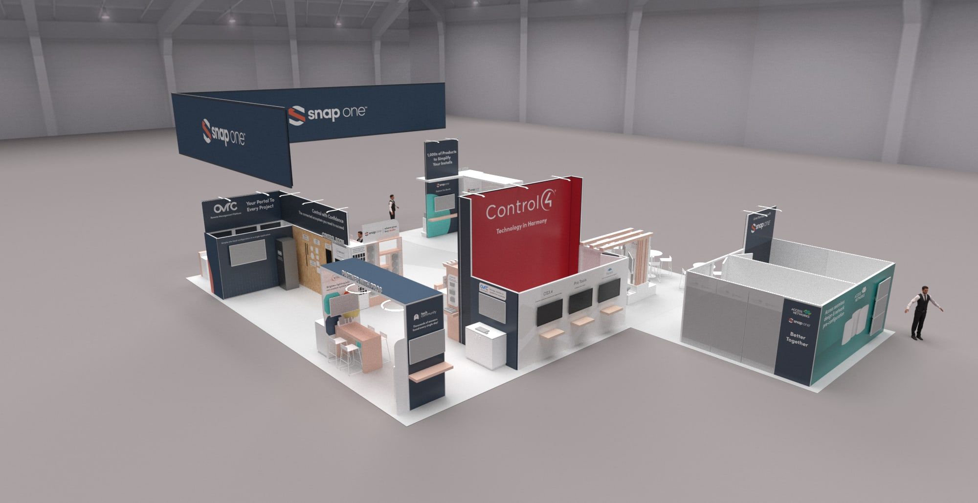 3D rendering of the Snap One CEDIA 2023 booth layout from different angles (1 of 4)