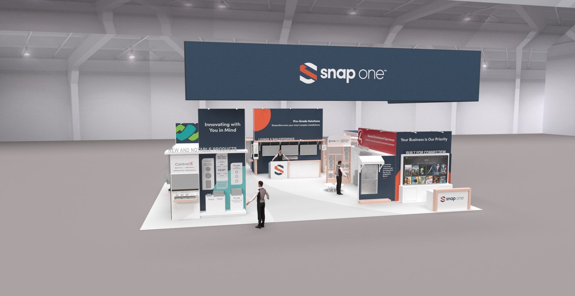 3D rendering of the Snap One CEDIA 2023 booth layout from different angles (2 of 4)