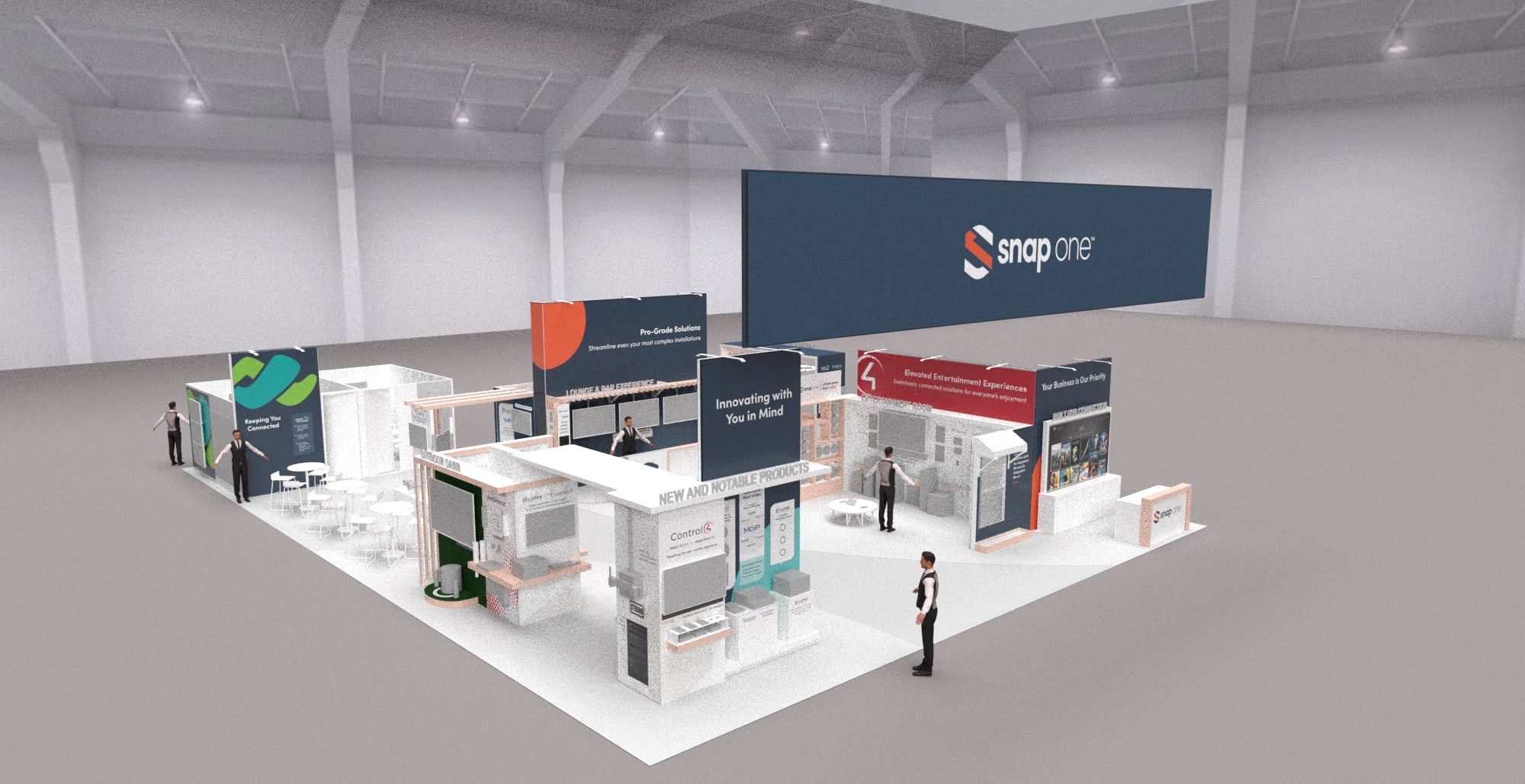3D rendering of the Snap One CEDIA 2023 booth layout from different angles (3 of 4)