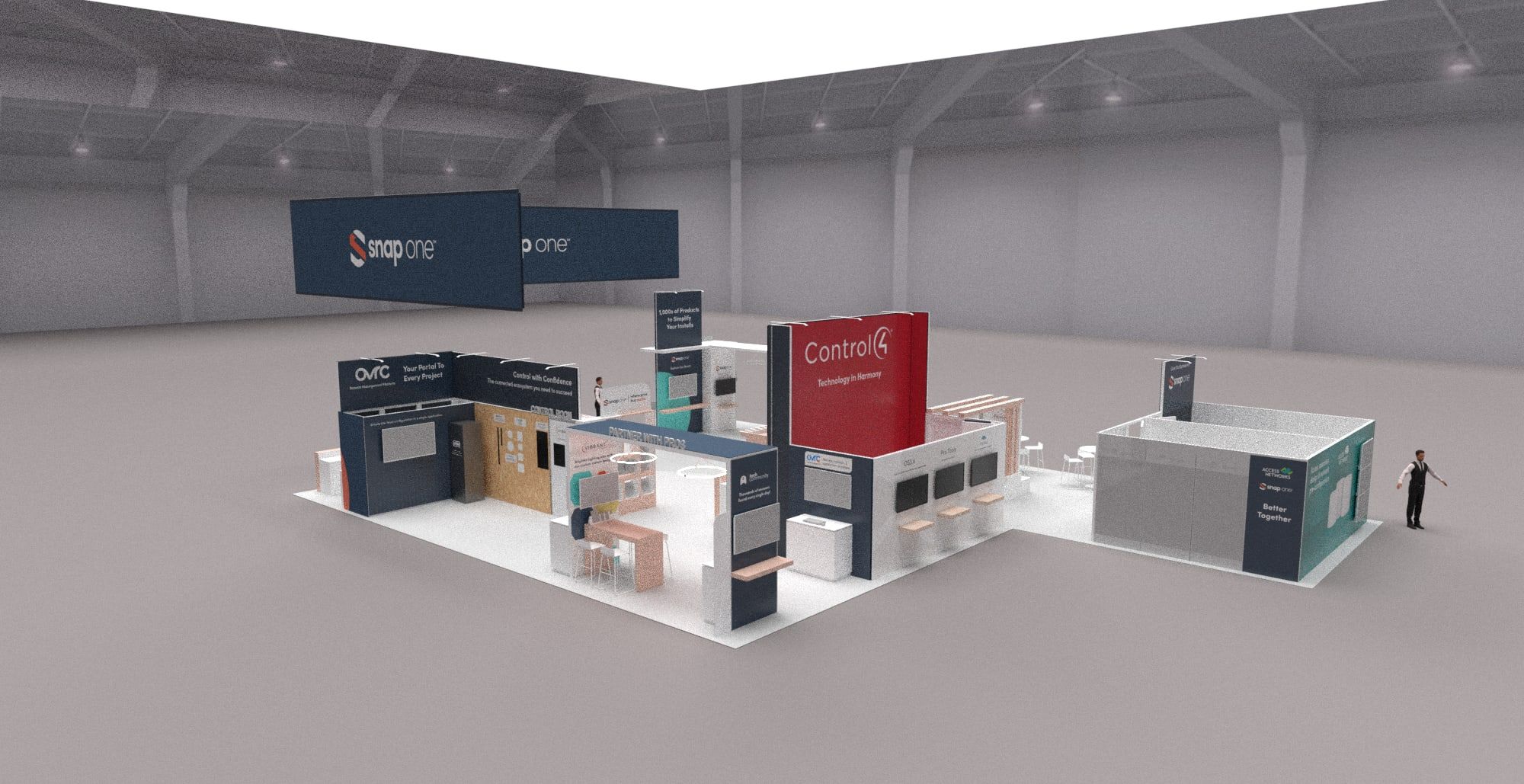 3D rendering of the Snap One CEDIA 2023 booth layout from different angles (4 of 4)