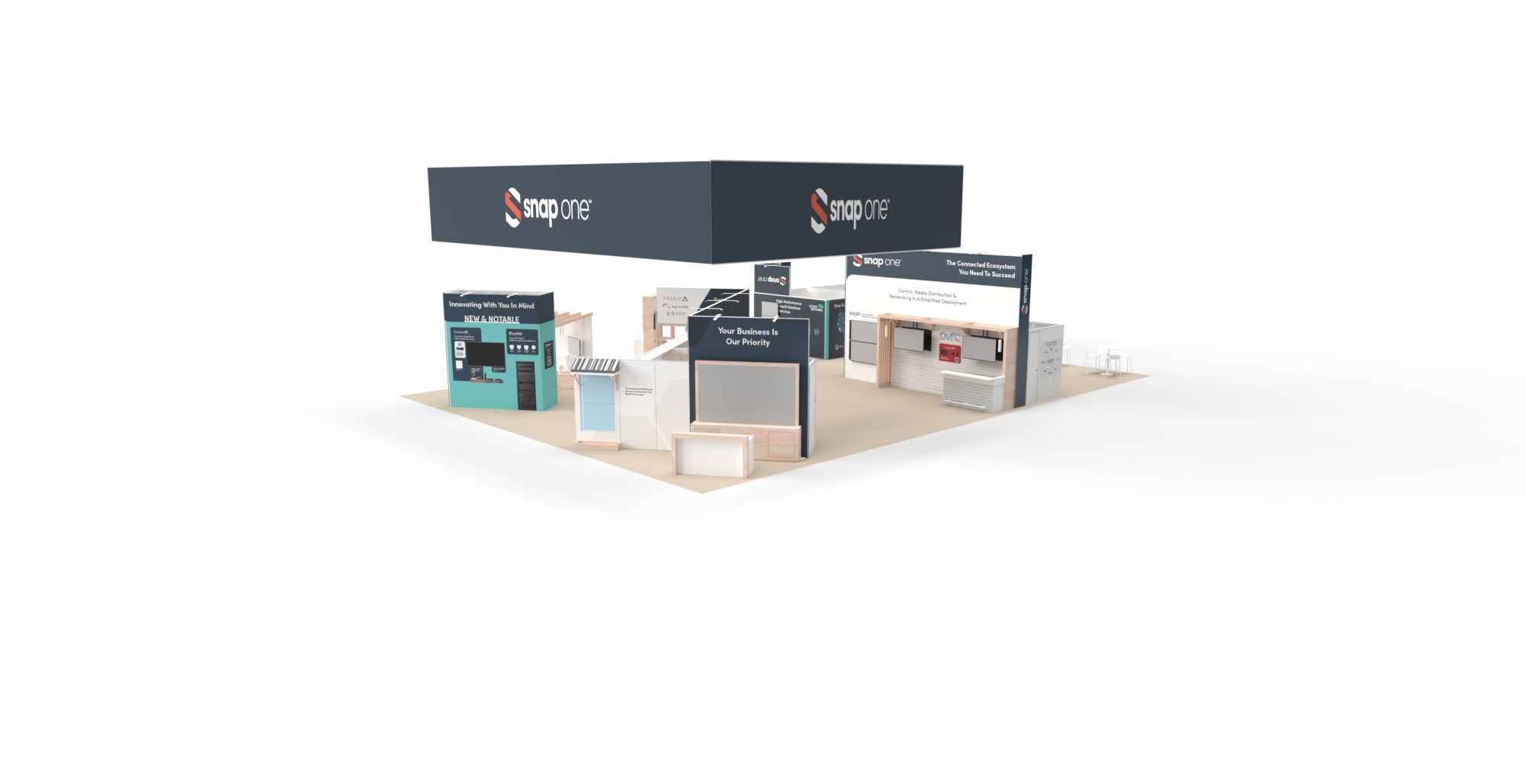 3D rendering of the Snap One CEDIA 2024 booth on a white background