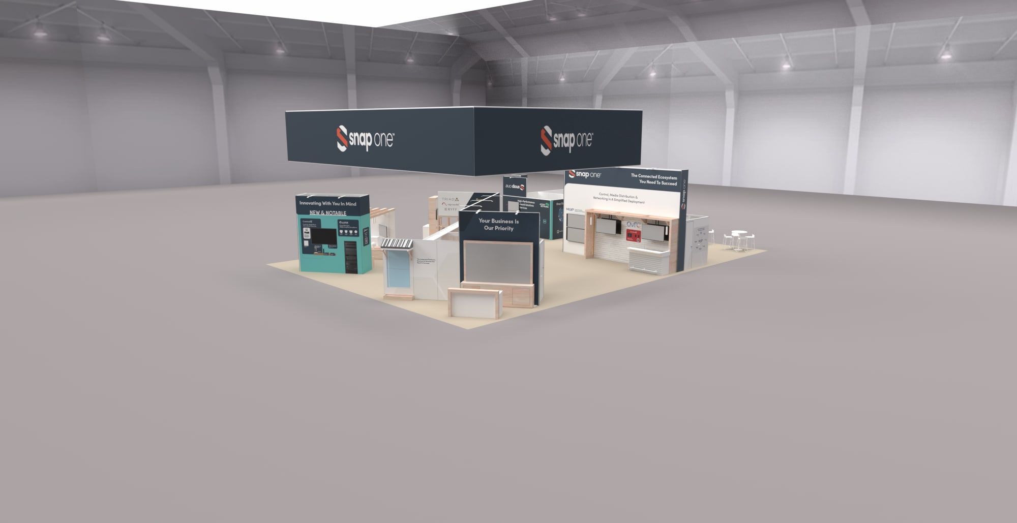 3D rendering of the CEDIA 2024 booth in a virtual exhibit hall