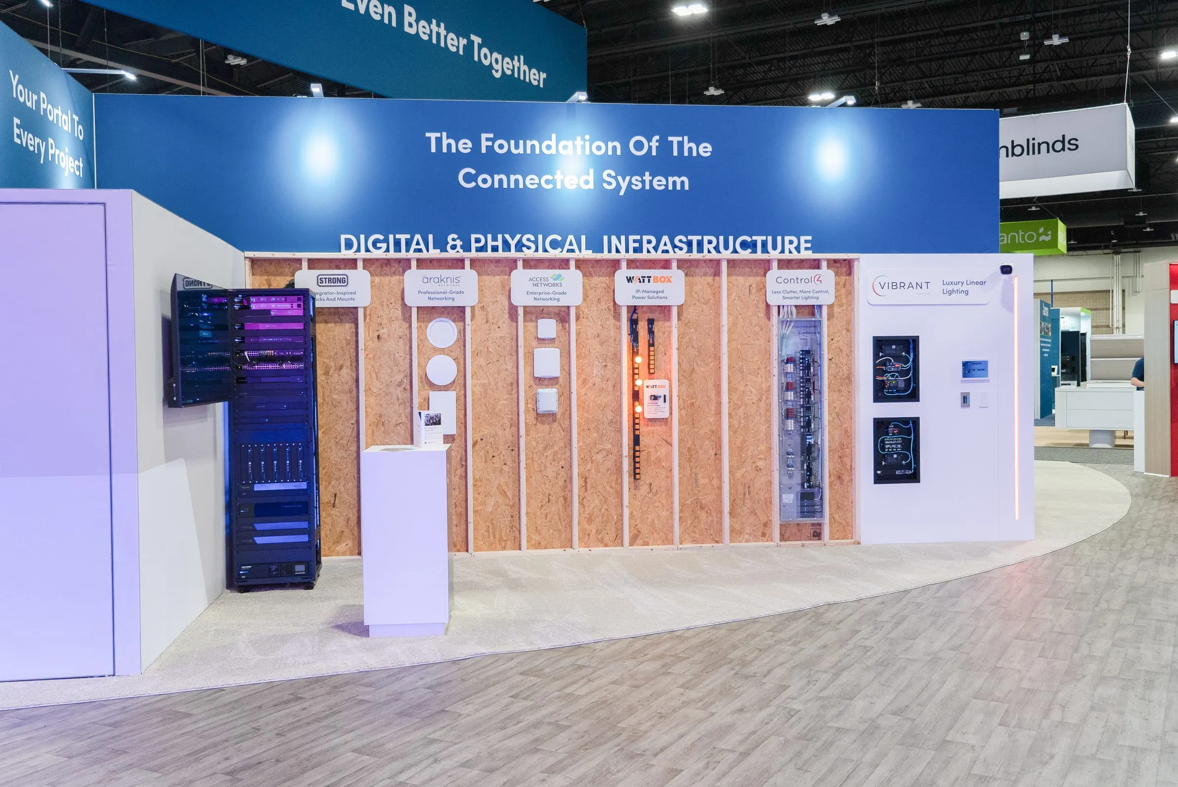 "The Foundation of the Connected System" wall with structured wiring and racks