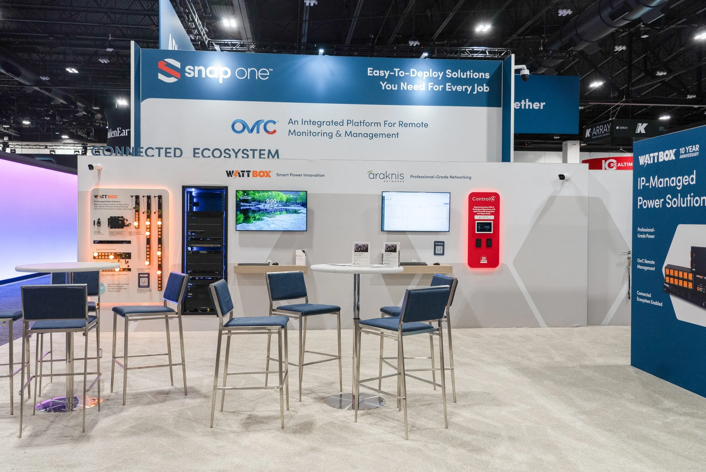 Connected ecosystem area with tall tables and an OvrC header