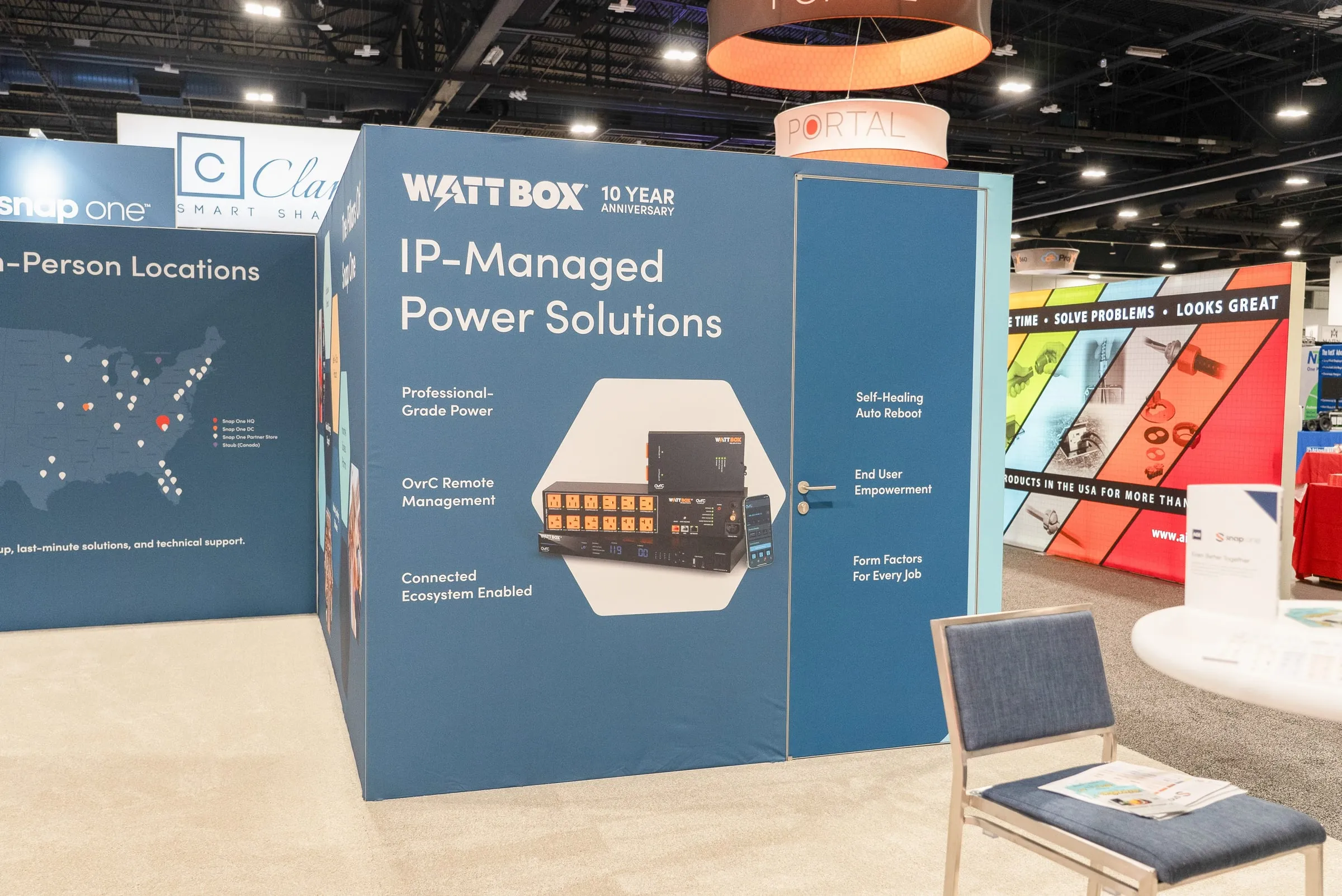 WattBox "IP-Managed Power Solutions" wall with a U.S. map of locations