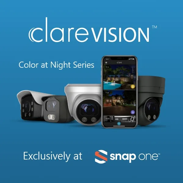 ClareVision social post: Color at Night Series cameras and app, "Exclusively at Snap One"
