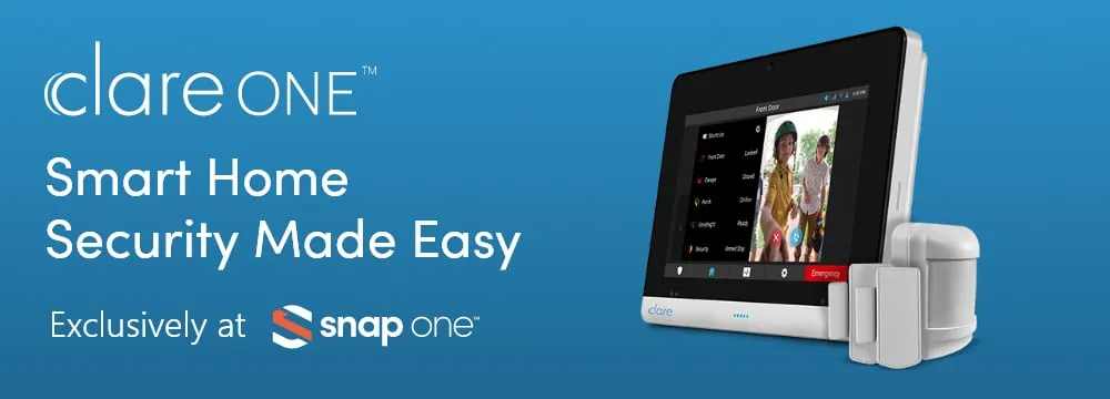 ClareOne leaderboard banner: "Smart Home Security Made Easy" with a touch panel and sensors (1 of 3)