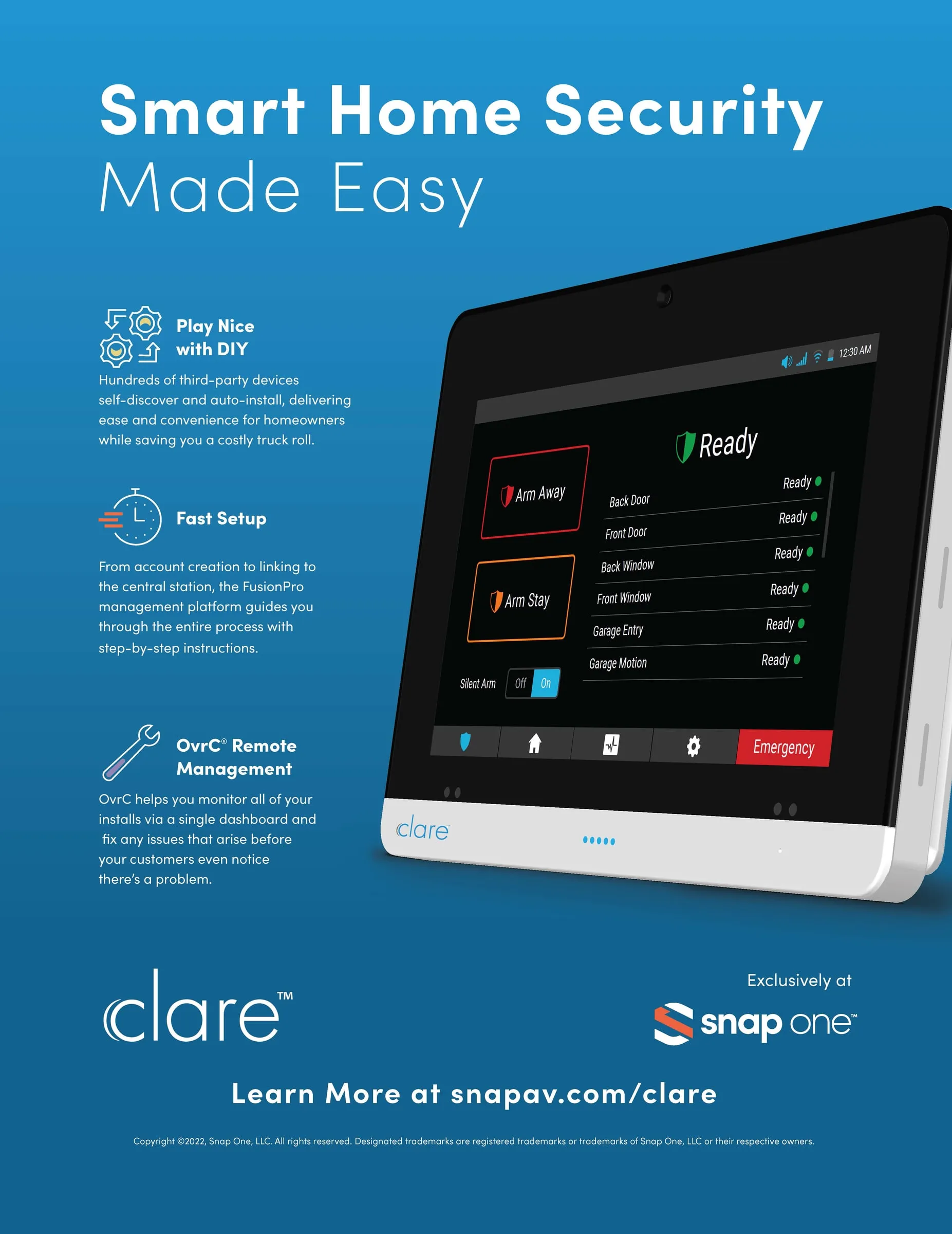 ClareOne full-page magazine ad: "Smart Home Security Made Easy"