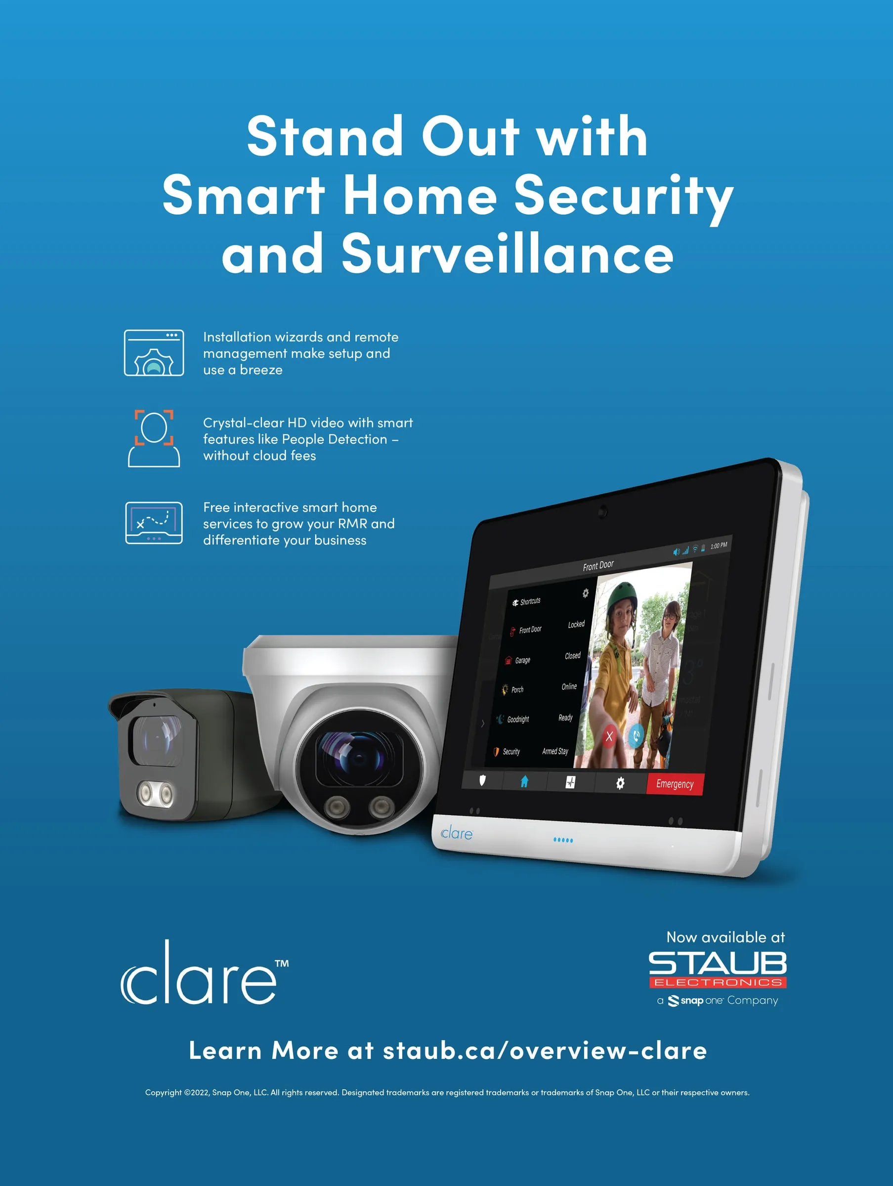 Clare full-page ad: "Stand Out with Smart Home Security and Surveillance"