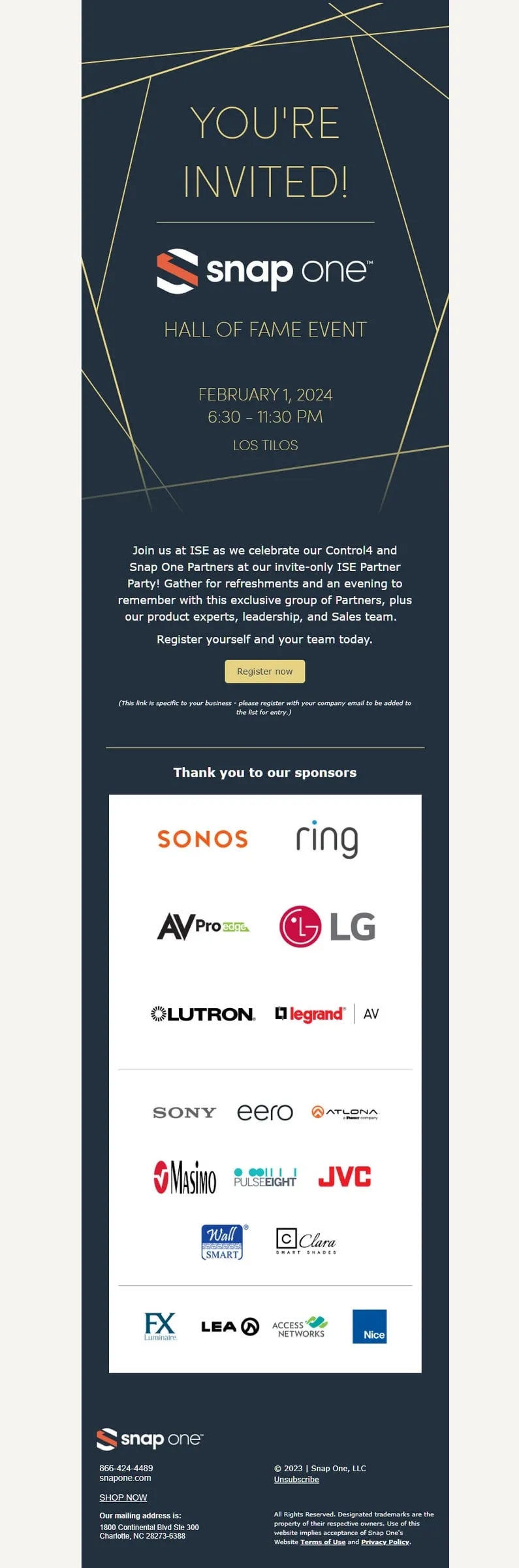Dark event invitation email listing partner brands
