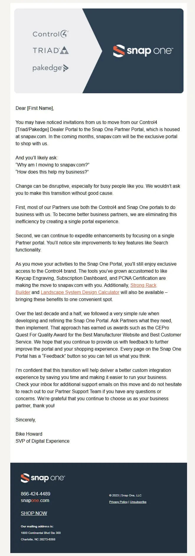Text-based letter email with a Snap One header (1 of 2)