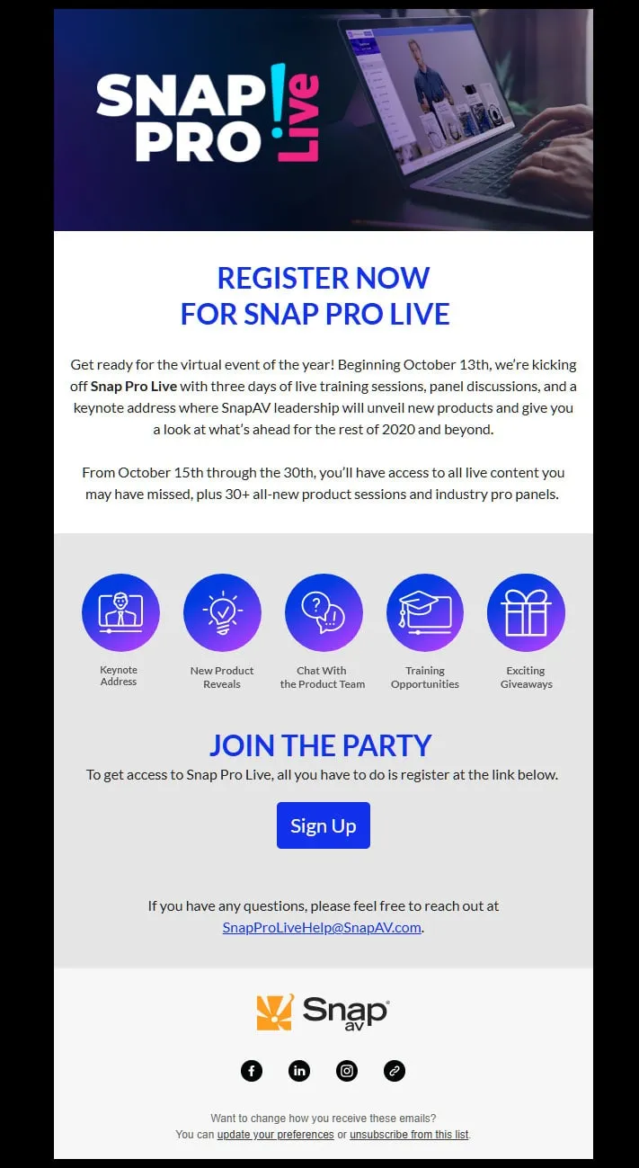 Snap Pro Live email: "Register now" with event highlights