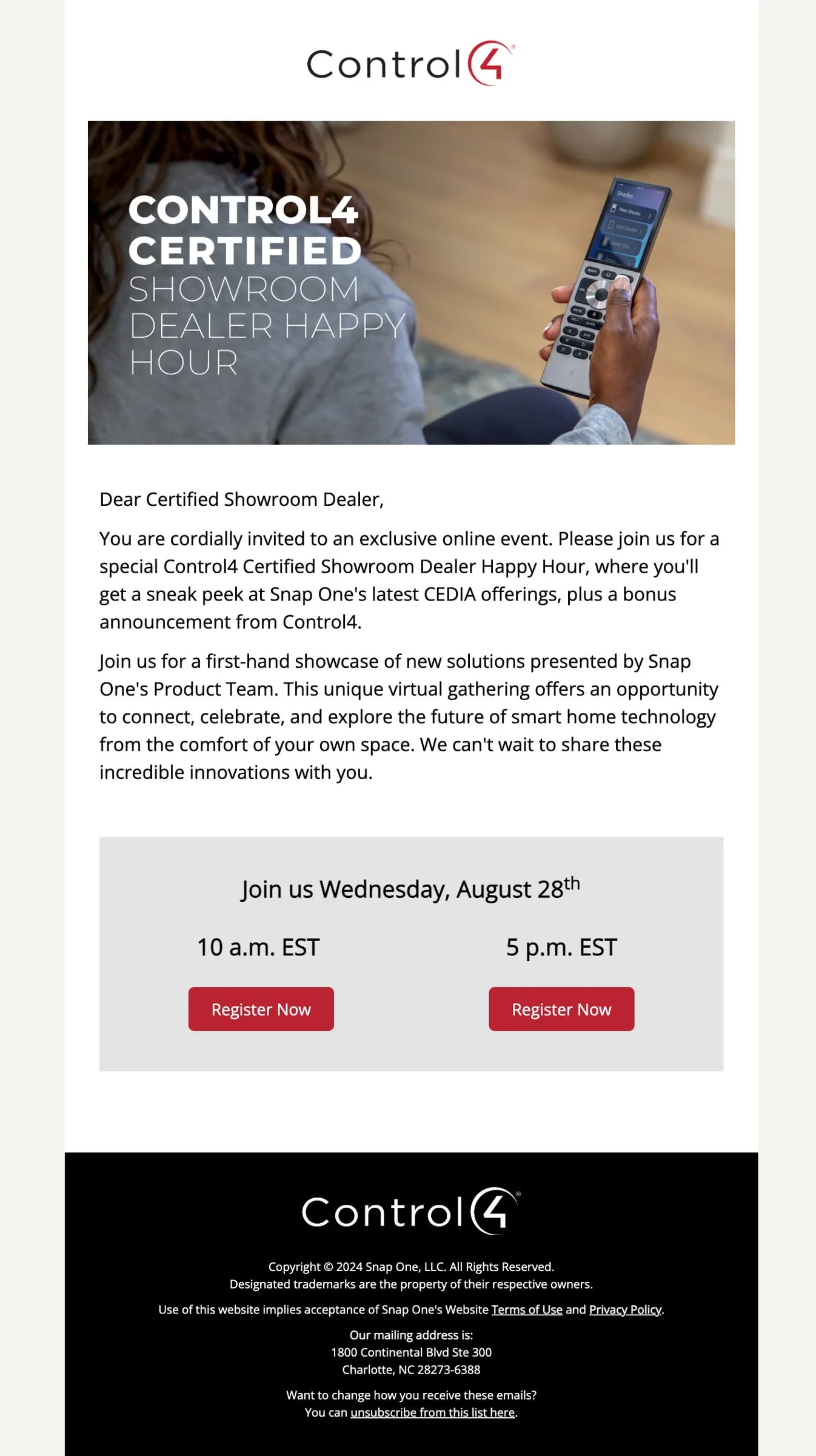 Control4 Certified email with event dates