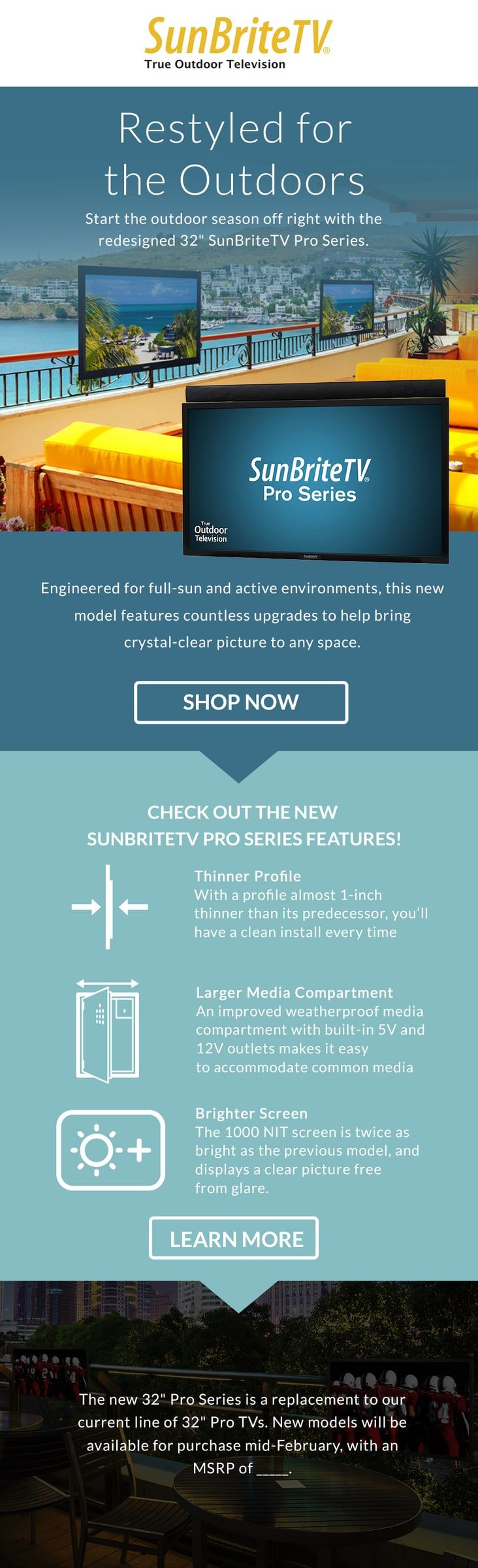 SunBrite outdoor TV email with a teal layout