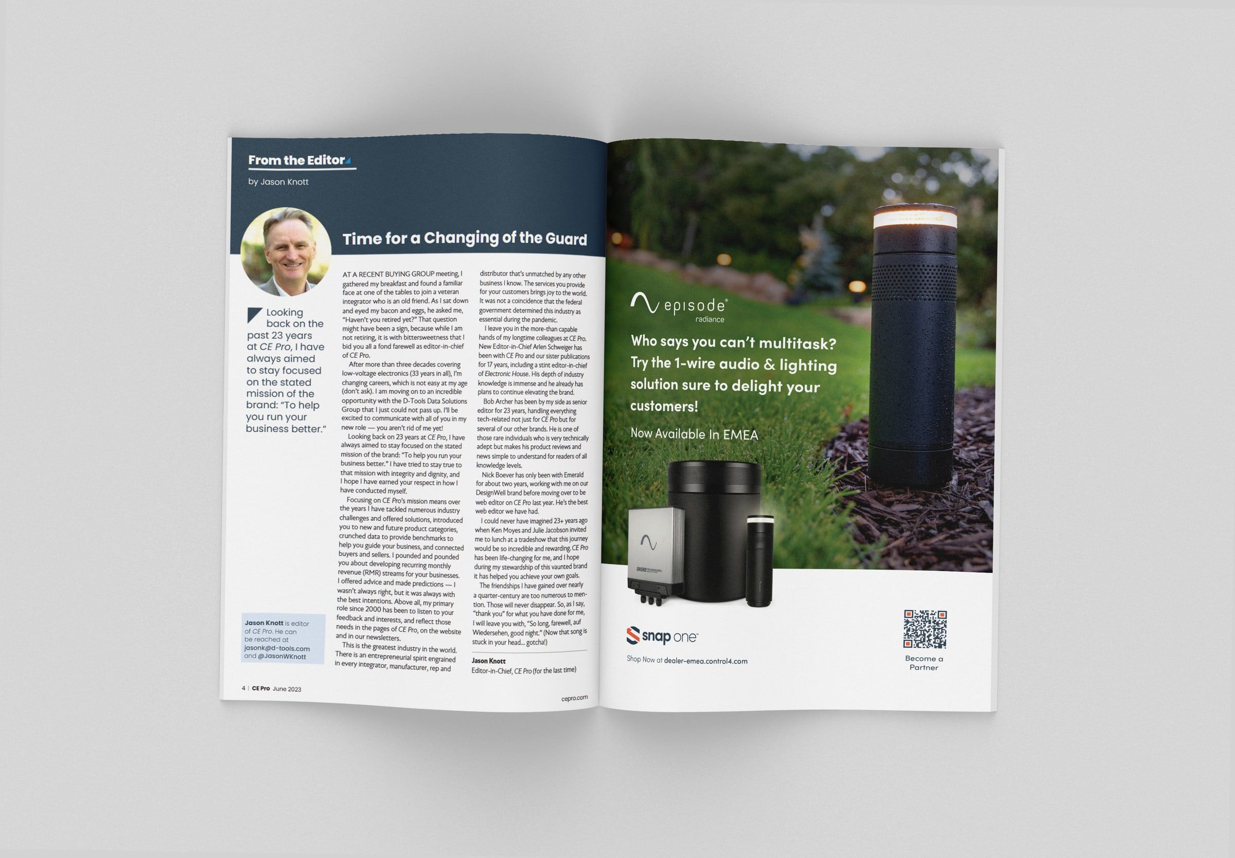 Episode Radiance ad shown in an open magazine beside an editor's letter