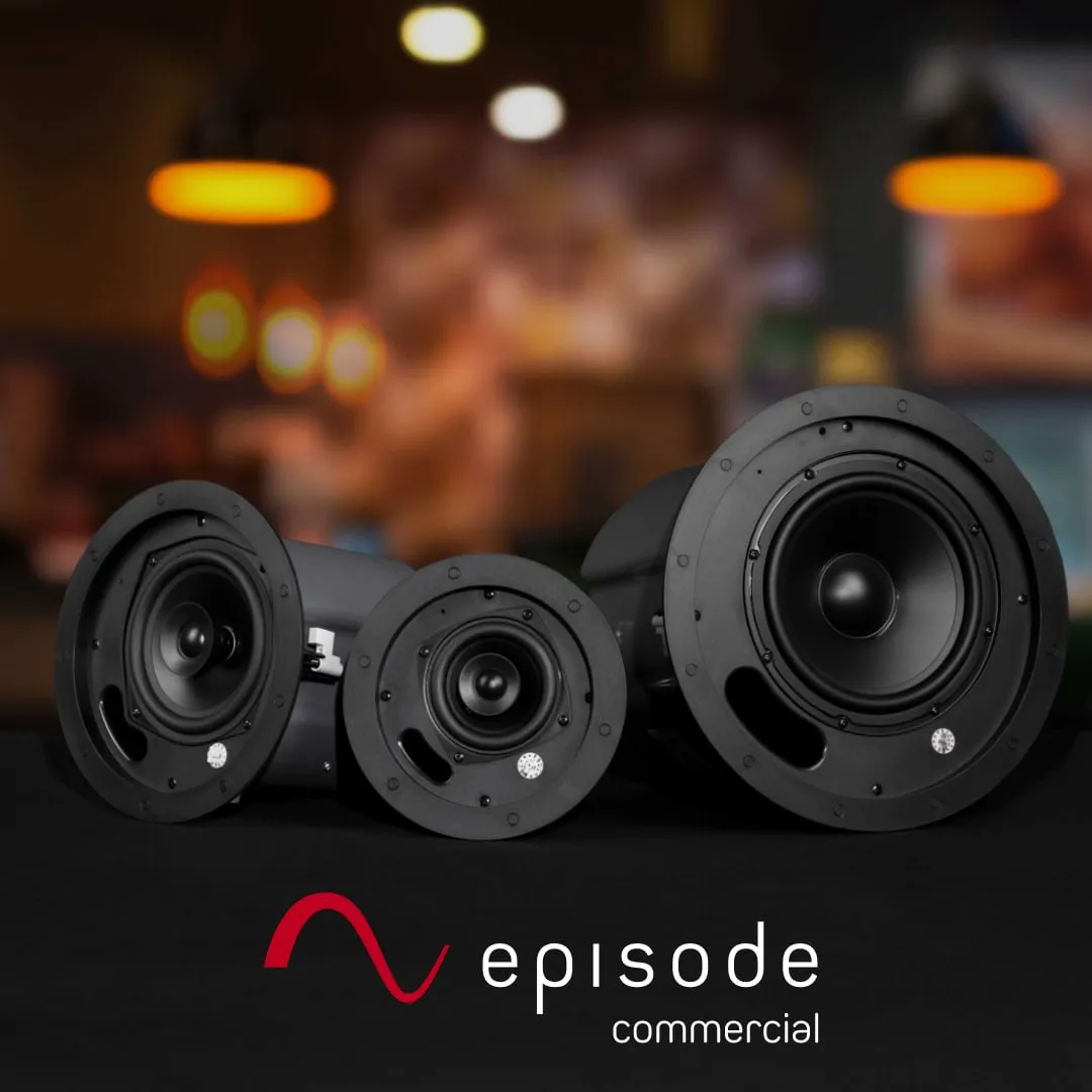 Episode Commercial ceiling speakers on a dark background with the Episode logo