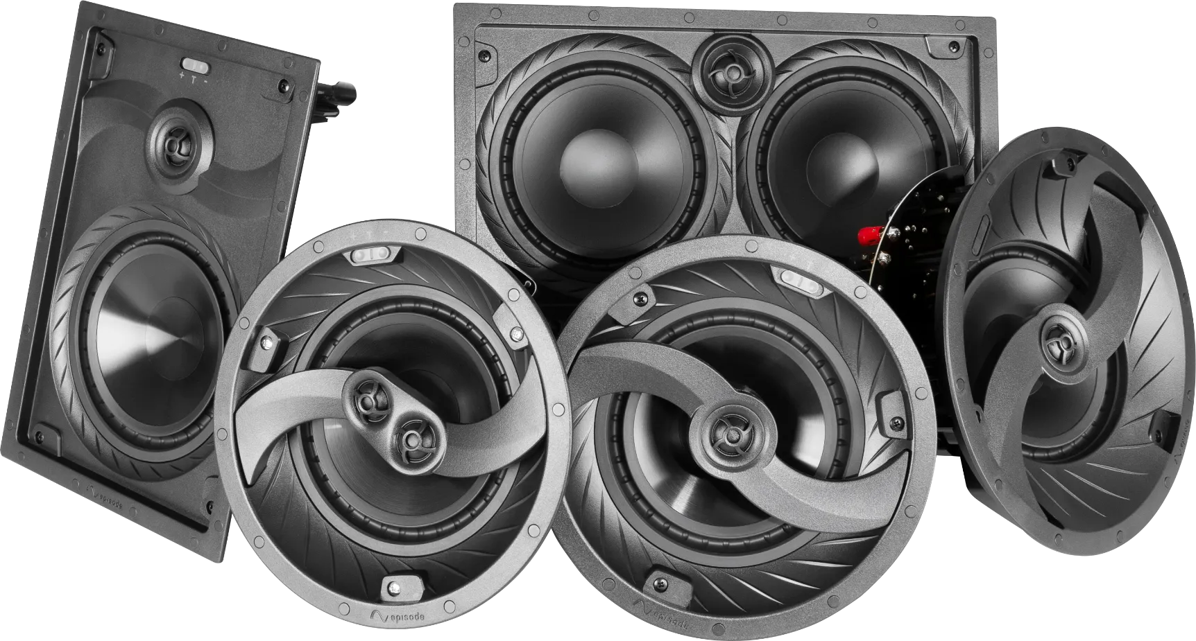 Group of Episode in-wall and in-ceiling speakers without grilles