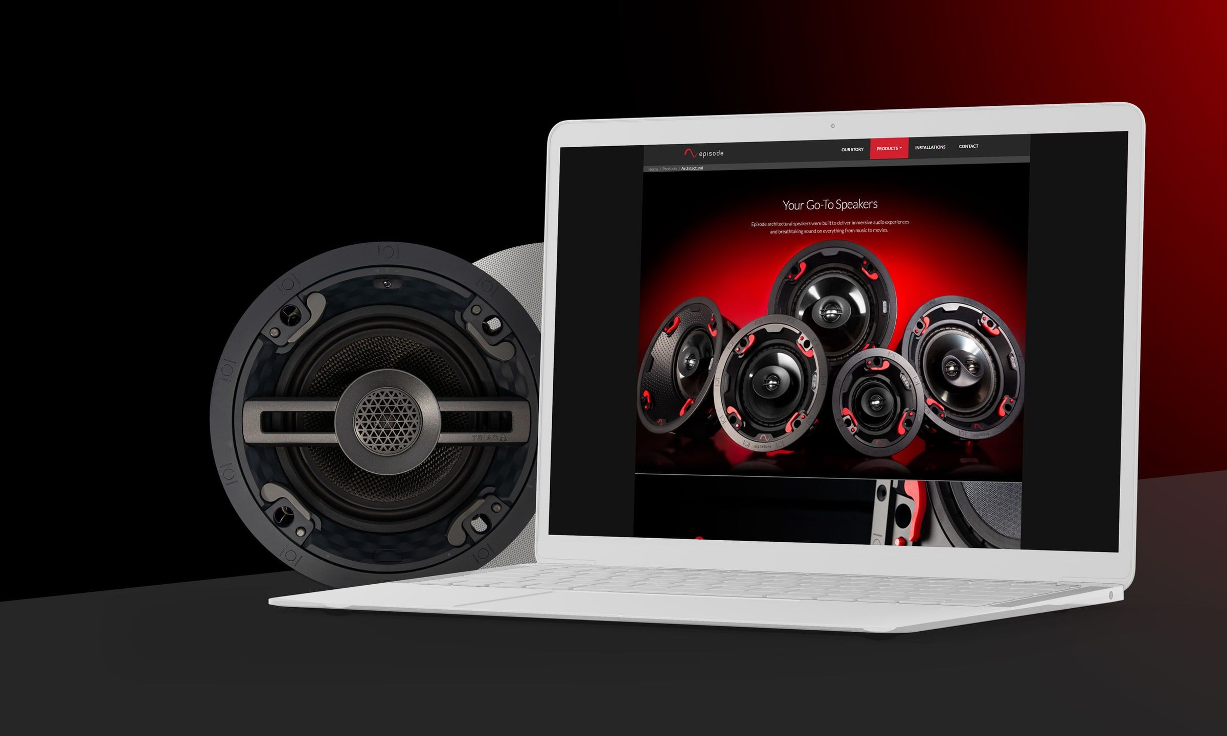 Episode microsite shown on a laptop beside a Signature Series speaker