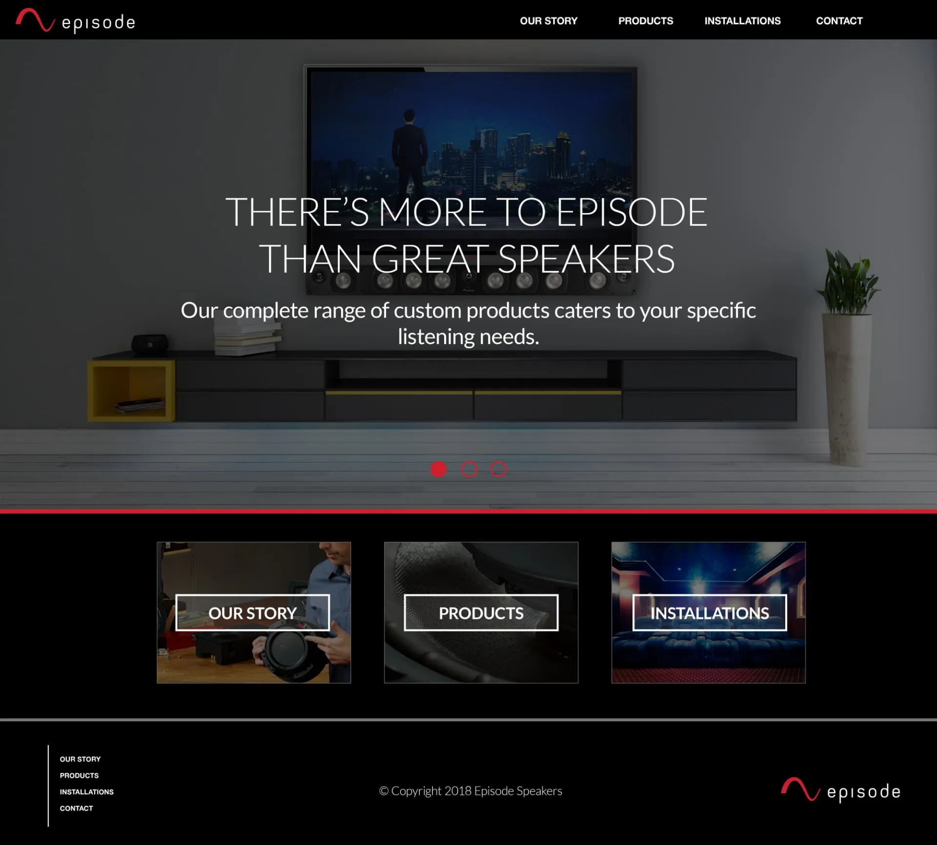 Microsite home page: "There's more to Episode than great speakers," with Our Story, Products, and Installation links