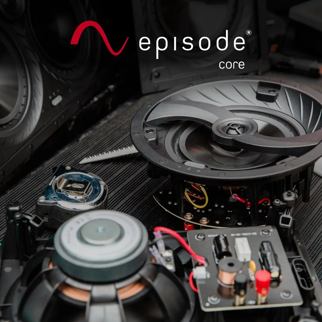 Episode Core speaker components laid out on a dark surface