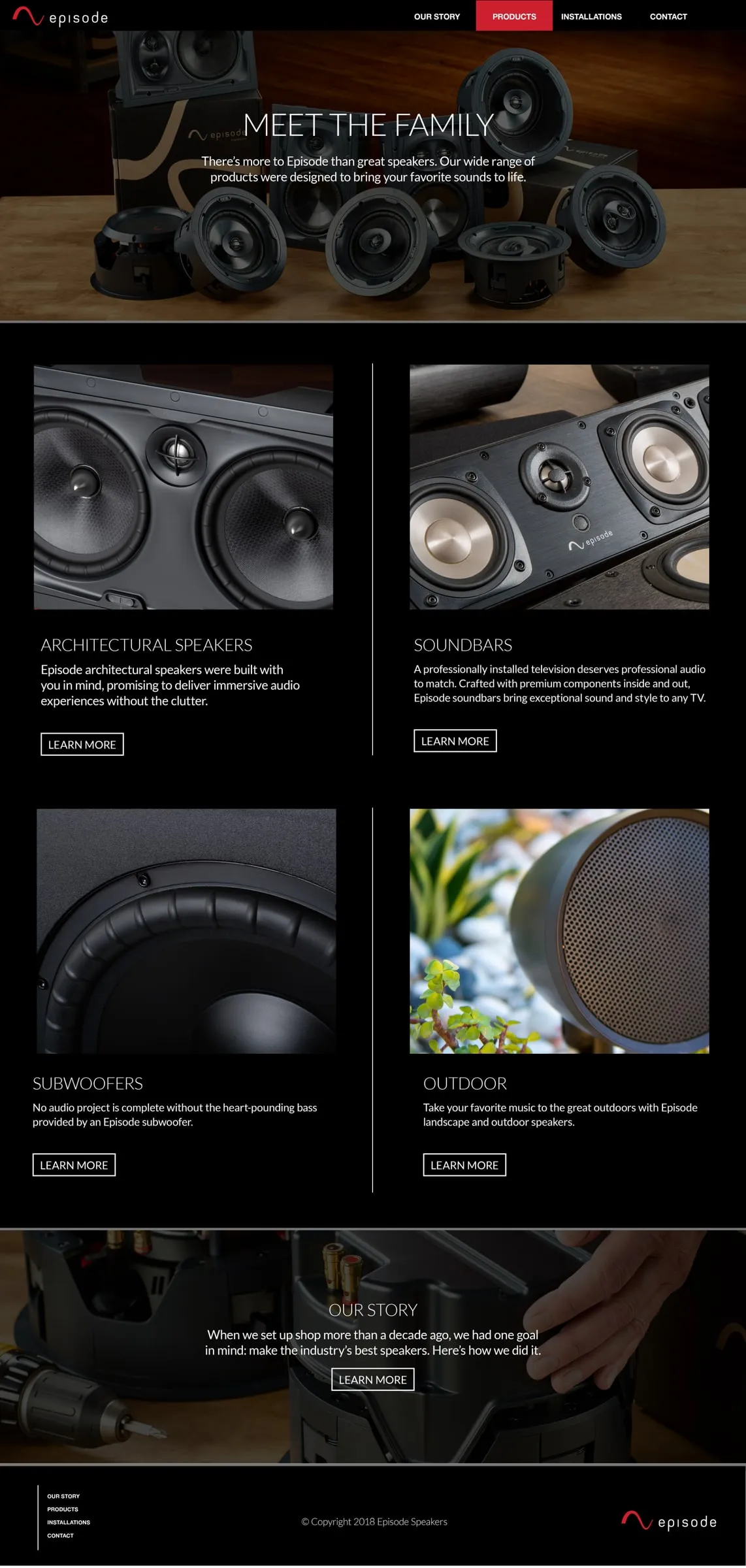 Microsite speakers page with product photos on a dark background