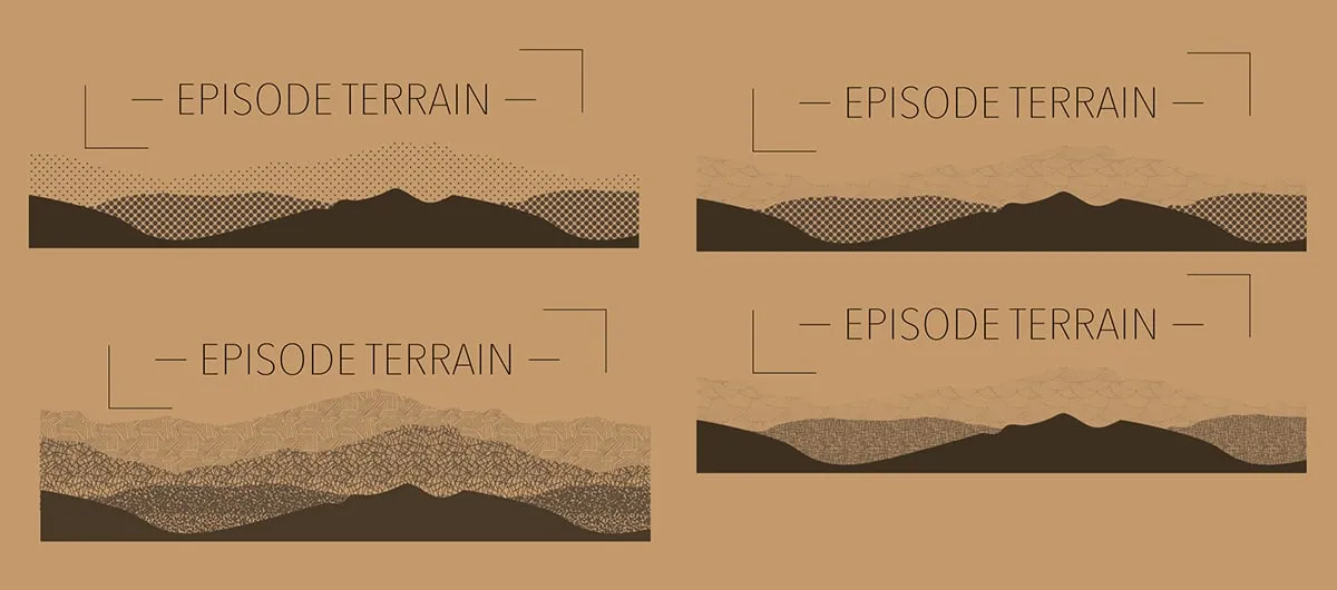 Four terrain pattern explorations printed on kraft paper