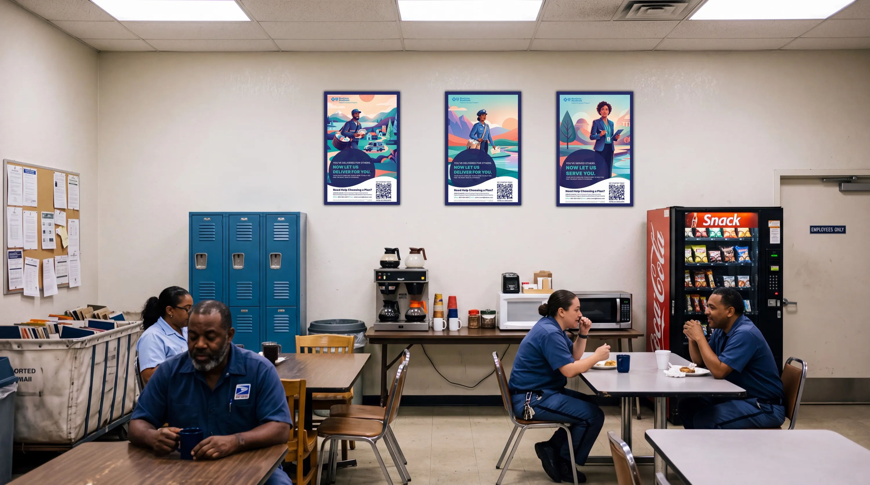 Mockup: the three posters hang side by side on the wall of a post office break room while postal workers take their break