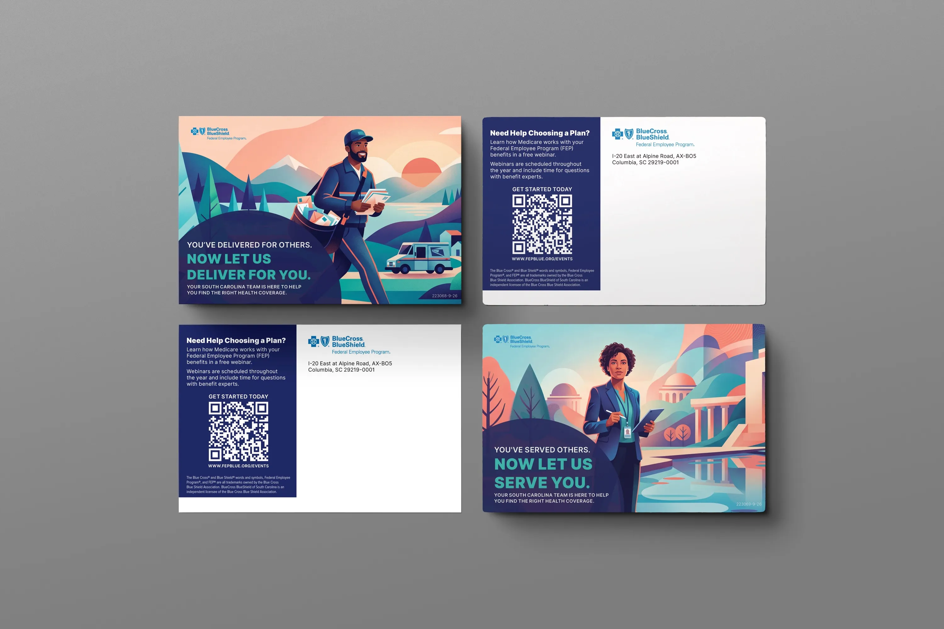 Both postcards, front and back. Fronts show the letter carrier and federal worker illustrations. Backs invite readers to a free webinar with a QR code to fepblue.org/events.