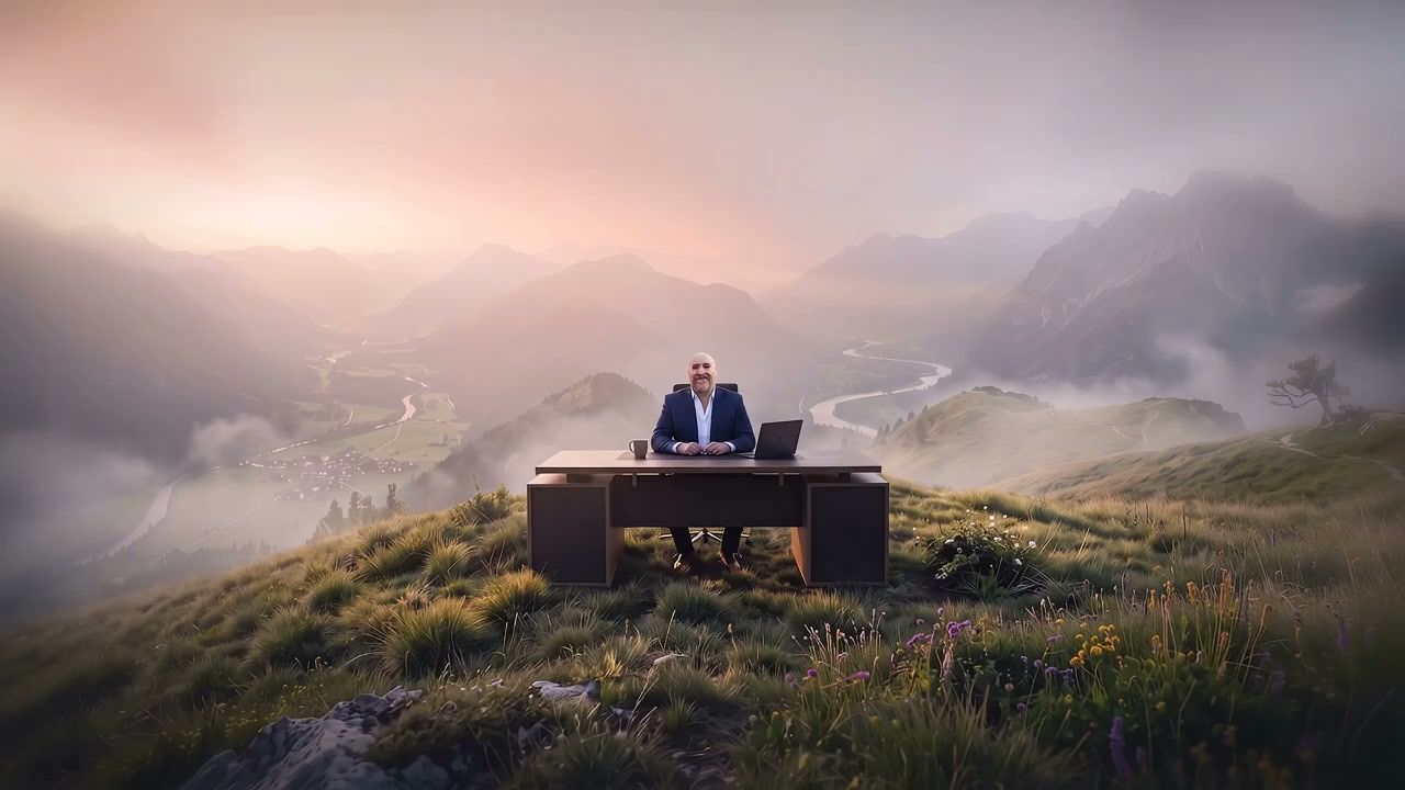 David at a desk on a misty mountaintop at sunrise