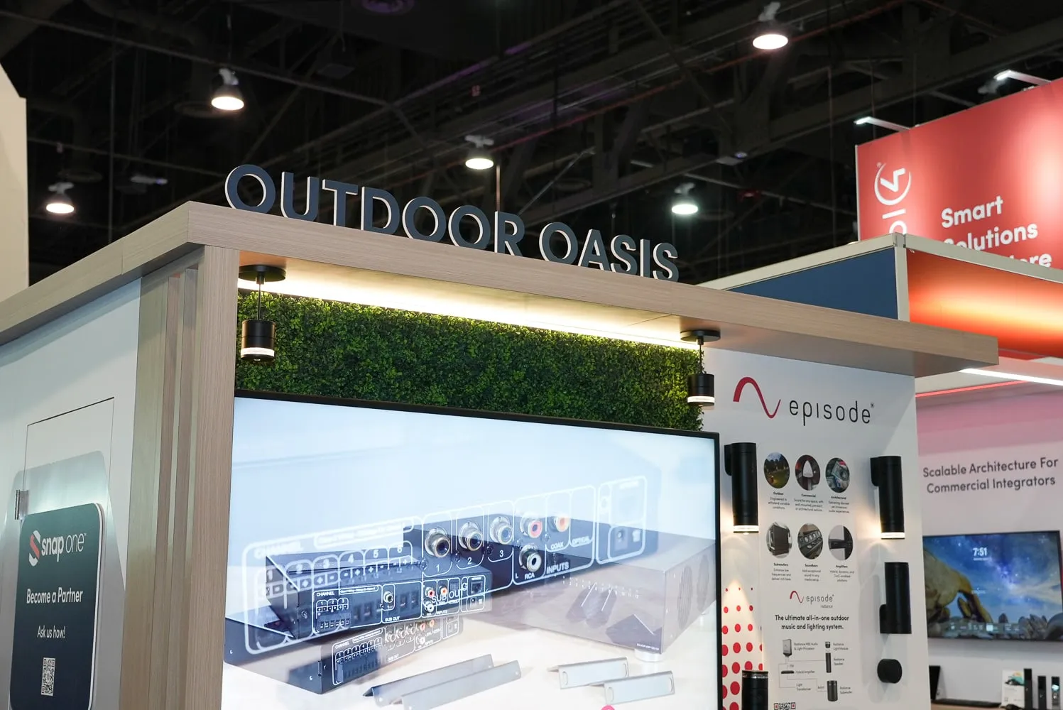Outdoor Oasis area with an aerial photo on screen and Episode speakers