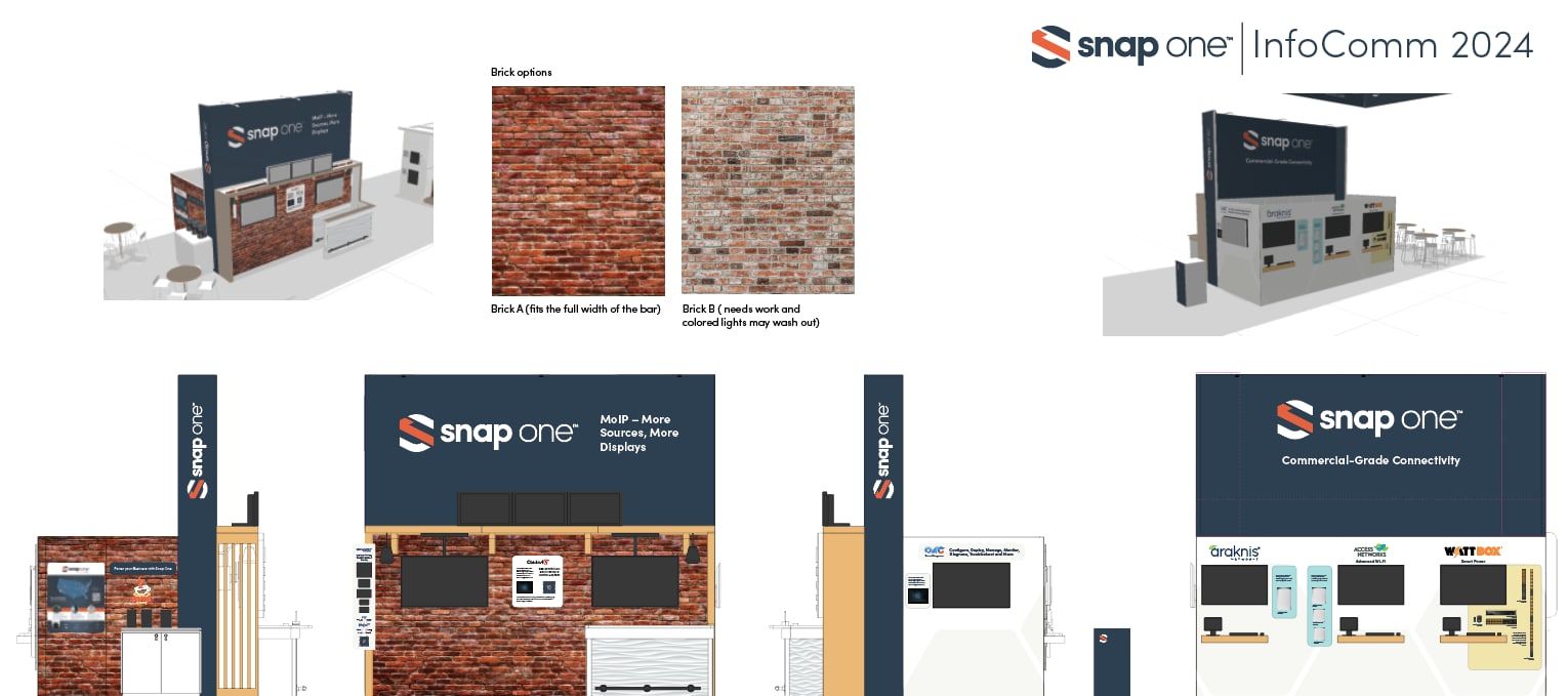 Design board with a 3D booth rendering, brick texture samples, and wall elevations